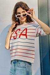 Trendsi SO ME Usa Stripe Knit Short Sleeves Sweater Top -