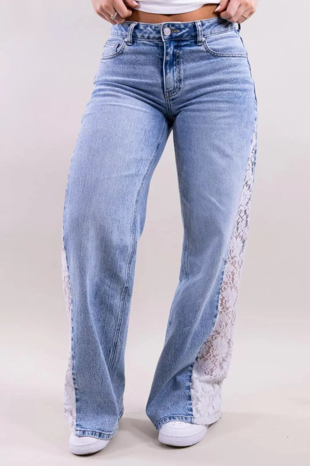 Trendsi Lace-Paneled Wide-Leg Jeans -