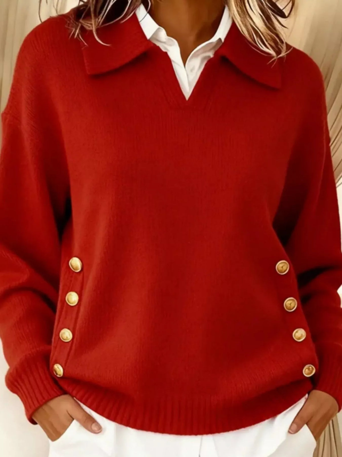 Women's Decorative Button Dropped Shoulder Sweater in Red, front view