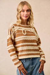Trendsi BiBi Striped Open Knit Sweater Top with Front Braided Detail -