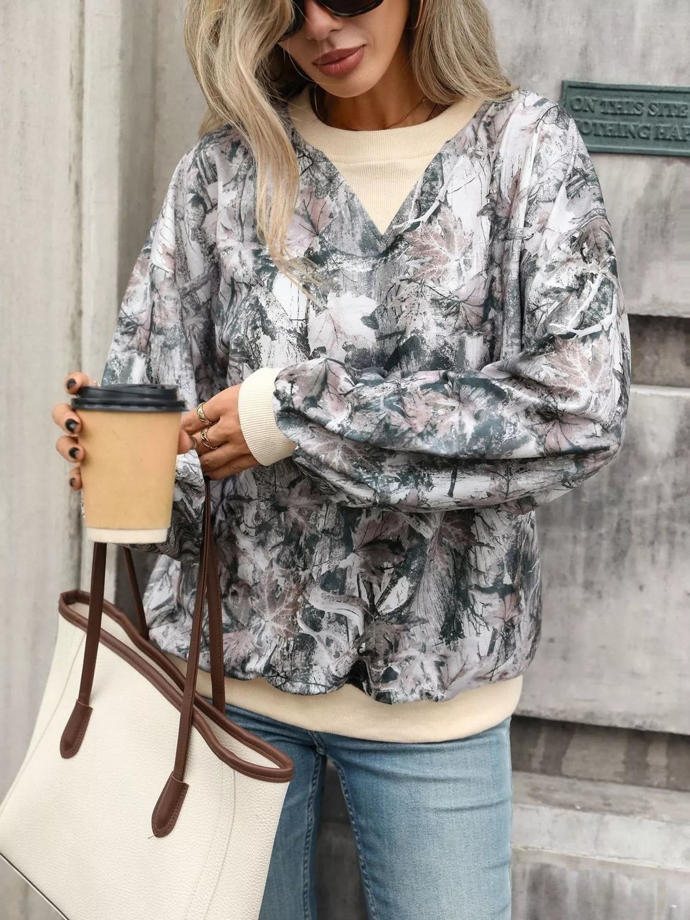 Trendsi Leaf Print Sweatshirt with Contrasting Trim -