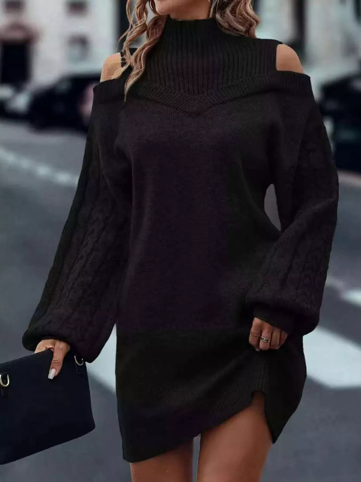 Black cold shoulder cable knit mock neck sweater dress, front view