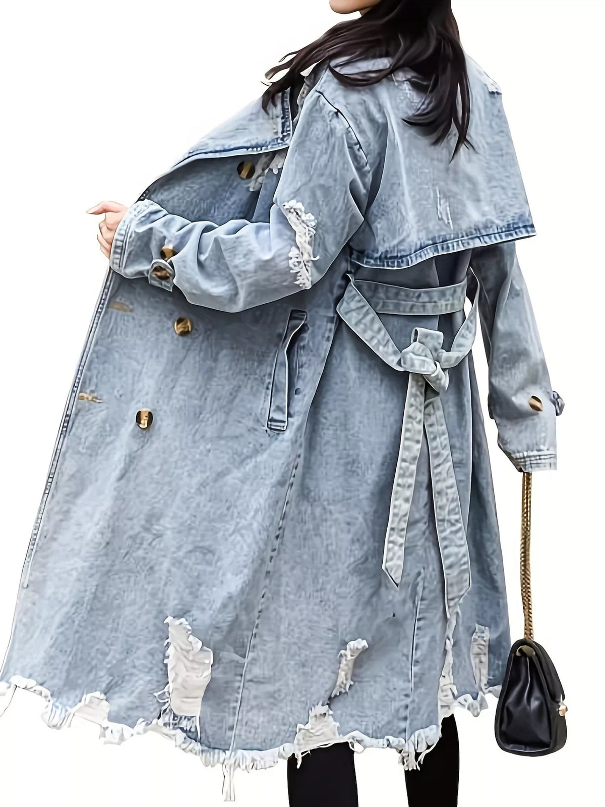 Distressed Double-Breasted Longline Denim Jacket in light blue, back view