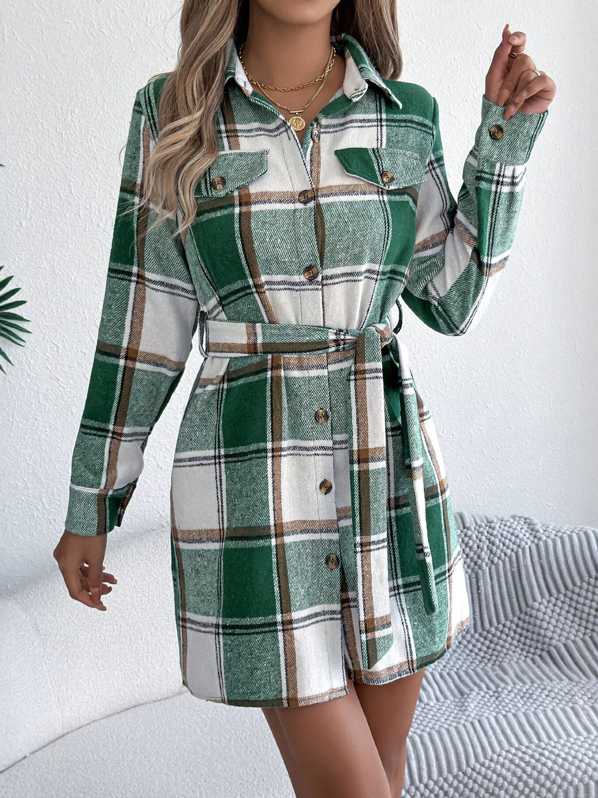Green plaid button-front belted shirt dress