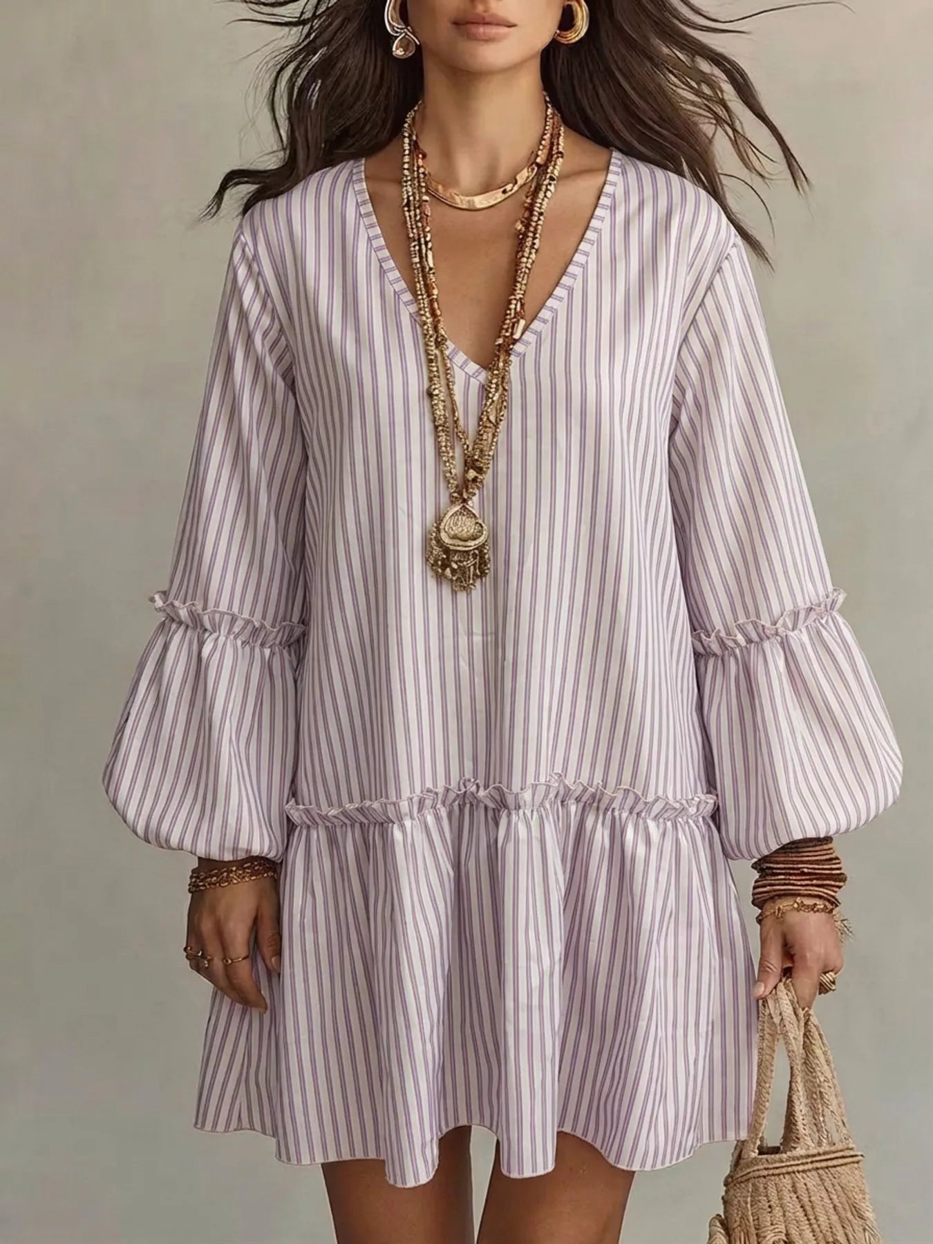 Trendsi Full Size Striped Balloon Sleeve Mini Dress Plus Size -