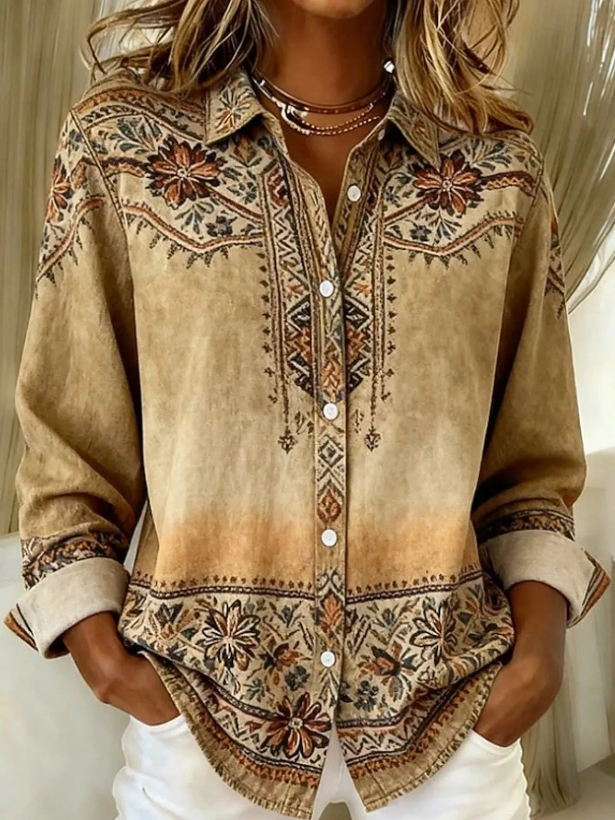 Brown border-print long sleeve shirt