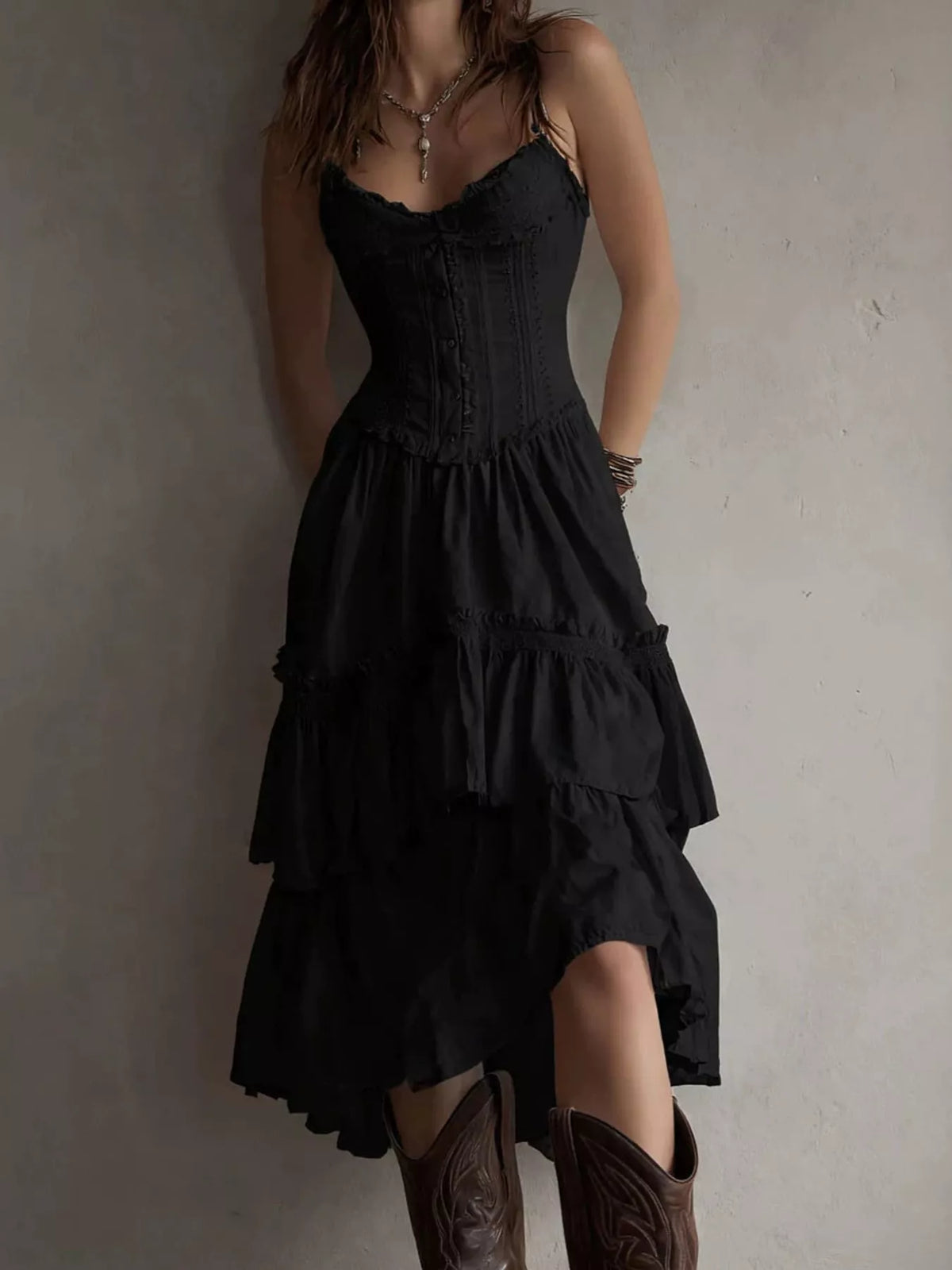 Layered Ruffle Midi Dress in black