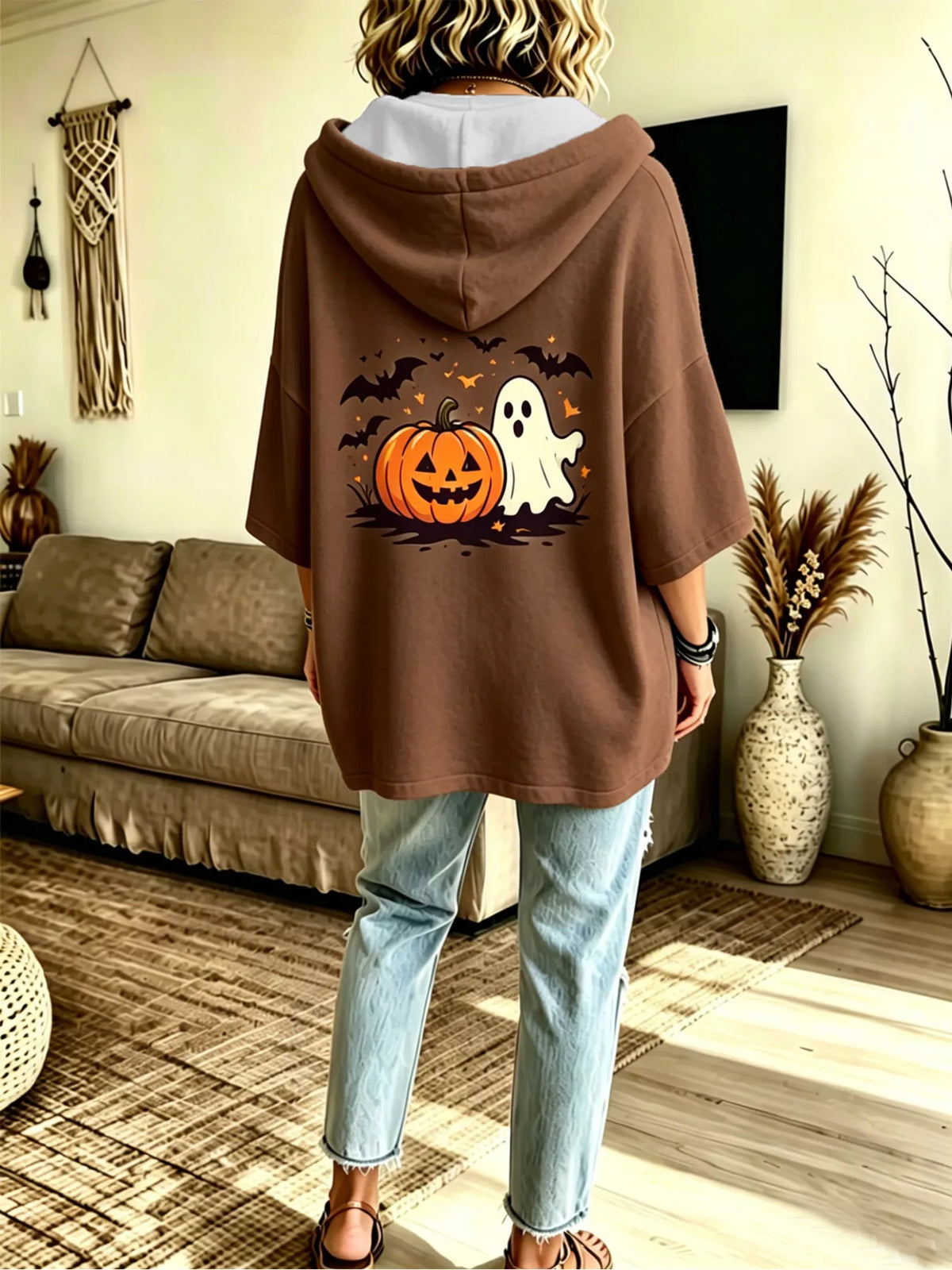 Brown oversized halloween pumpkin ghost hoodie, back view