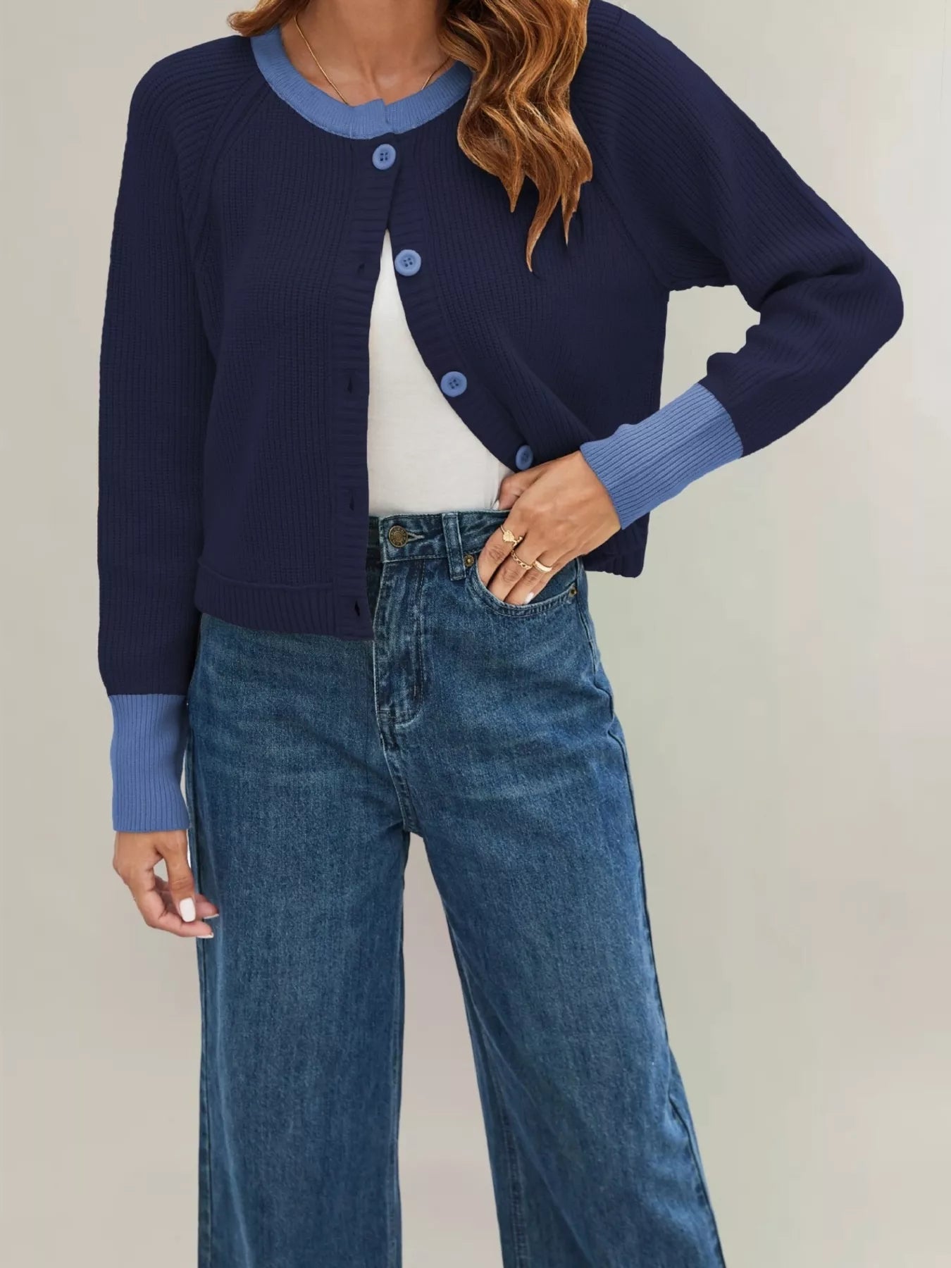 Trendsi Color Block Ribbed Knit Button-Front Cardigan -