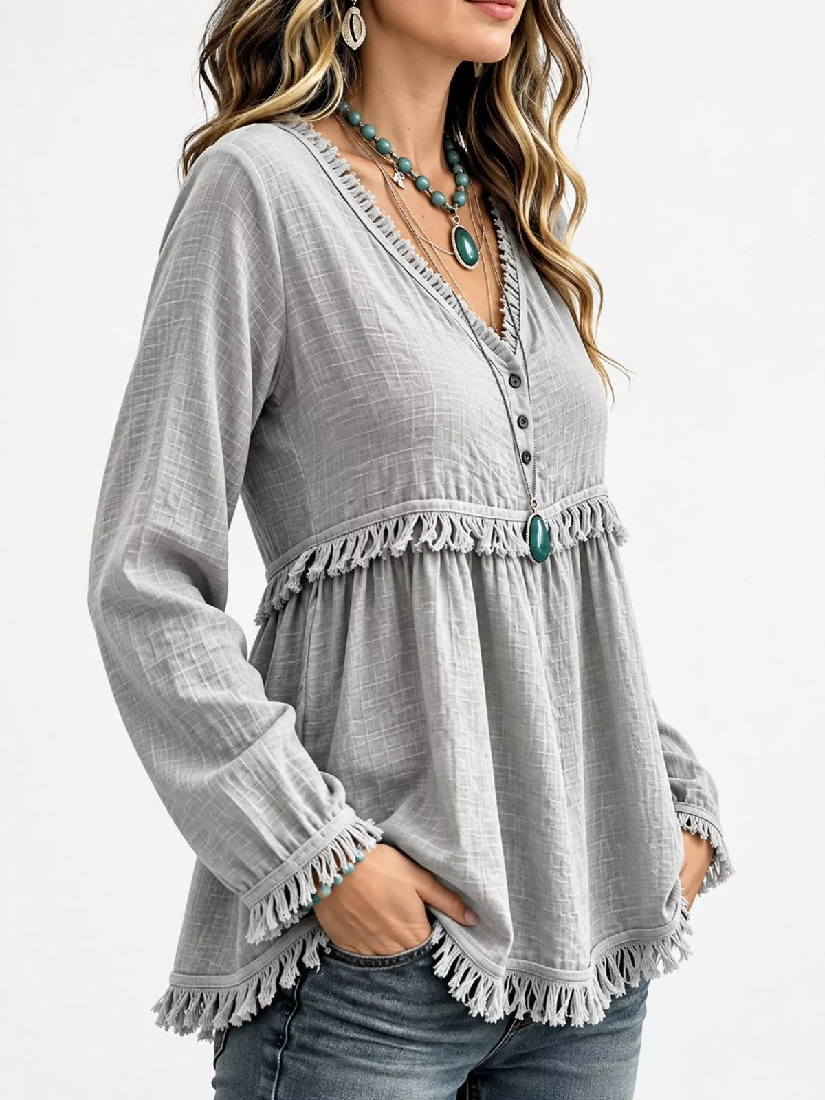 Fringe-trim blouse, gray side