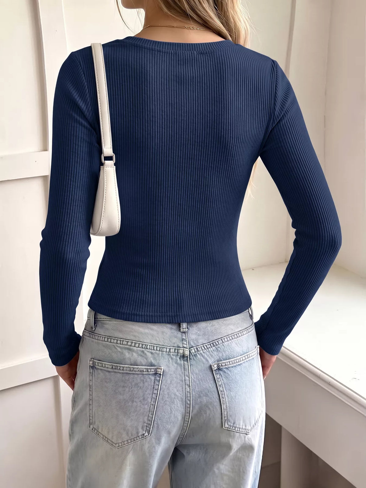 Lace-trim ribbed long-sleeve top, back view