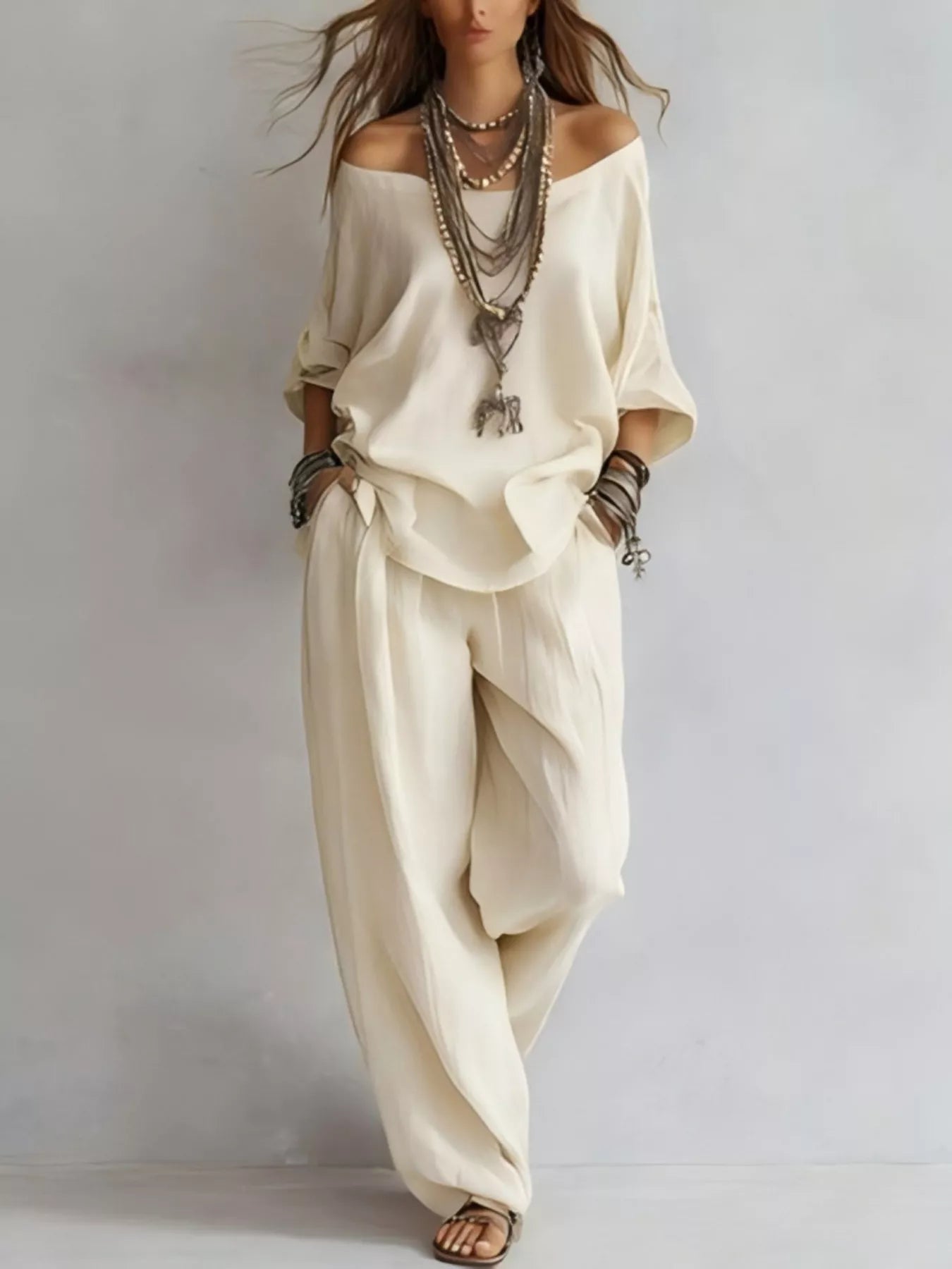 Trendsi Off-Shoulder Loose Fit Top and Pants Two-Piece Set -
