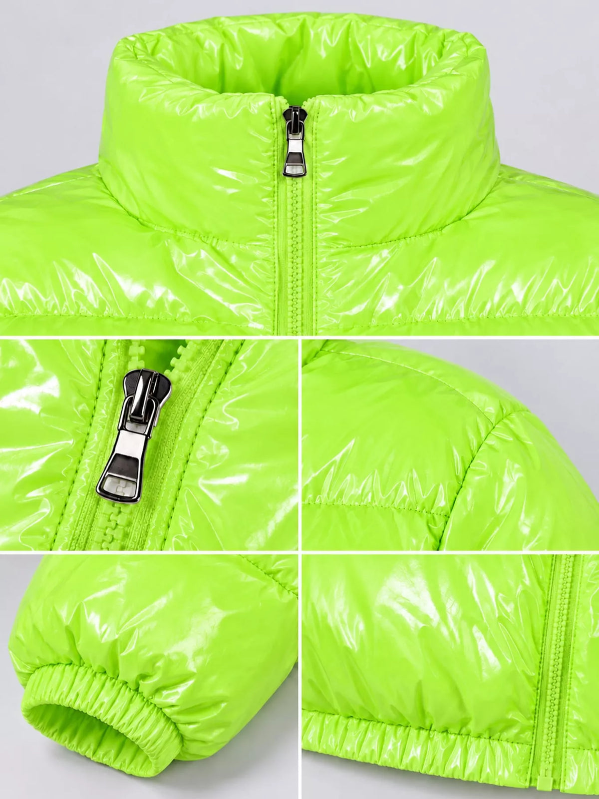 Glossy Stand-Collar Zip-Up Puffer Jacket — garment construction details