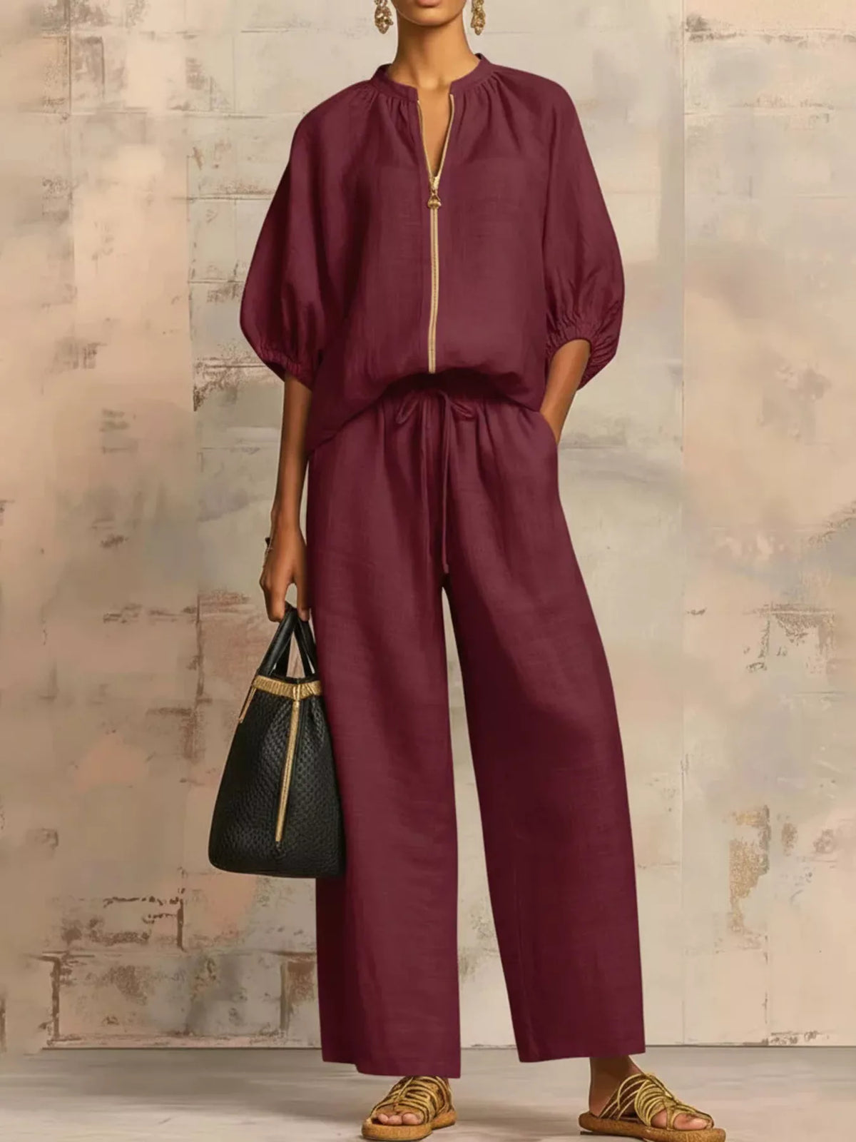 Zip-front top and wide-leg pants set