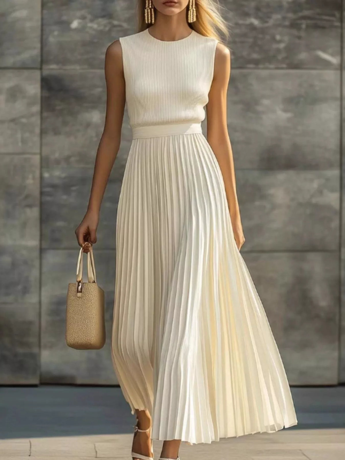 Trendsi Ribbed Sleeveless Pleated Maxi Dress -