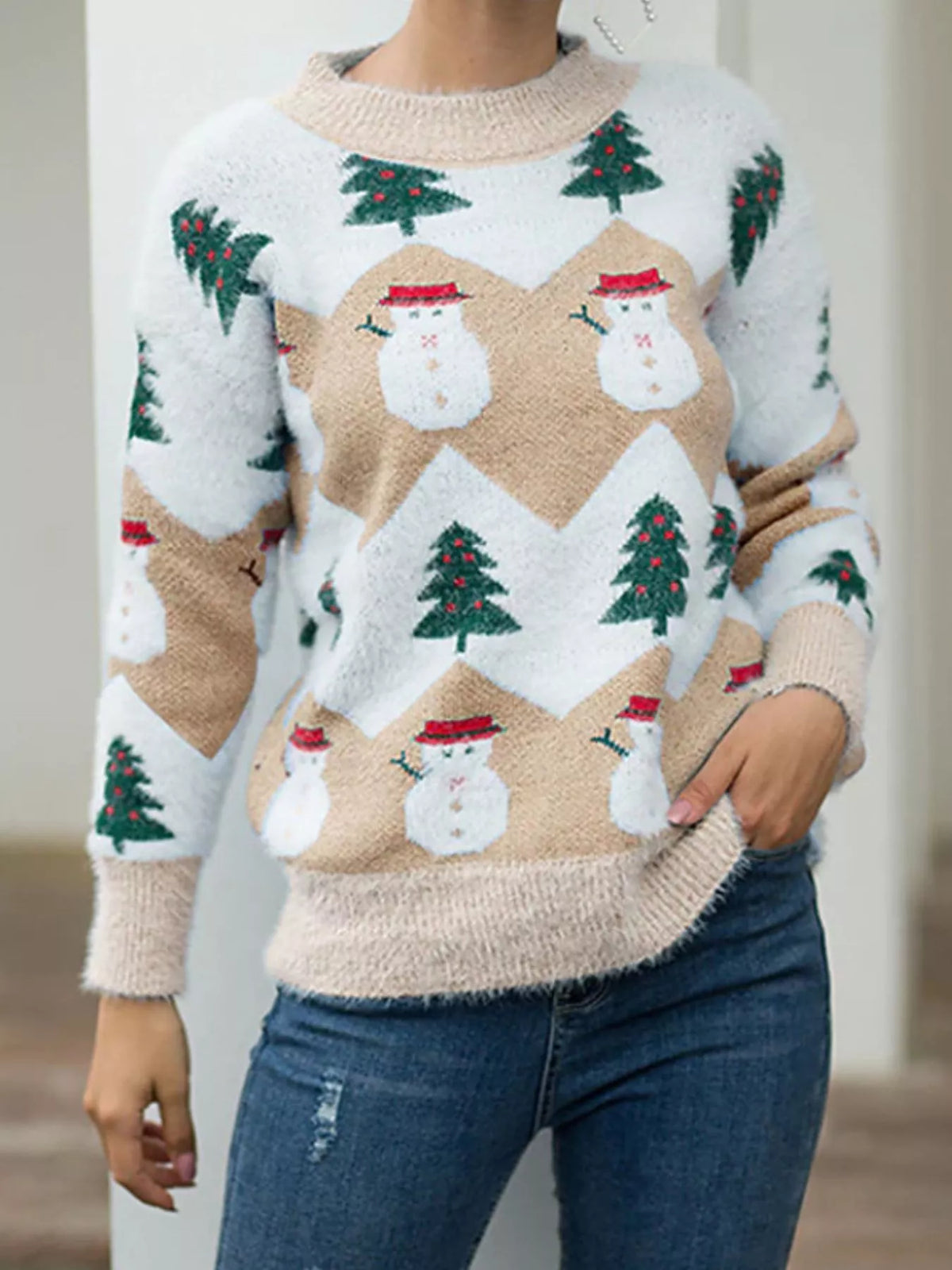 Women's Christmas Snowman Dropped Shoulder Sweater in Khaki, alternate view