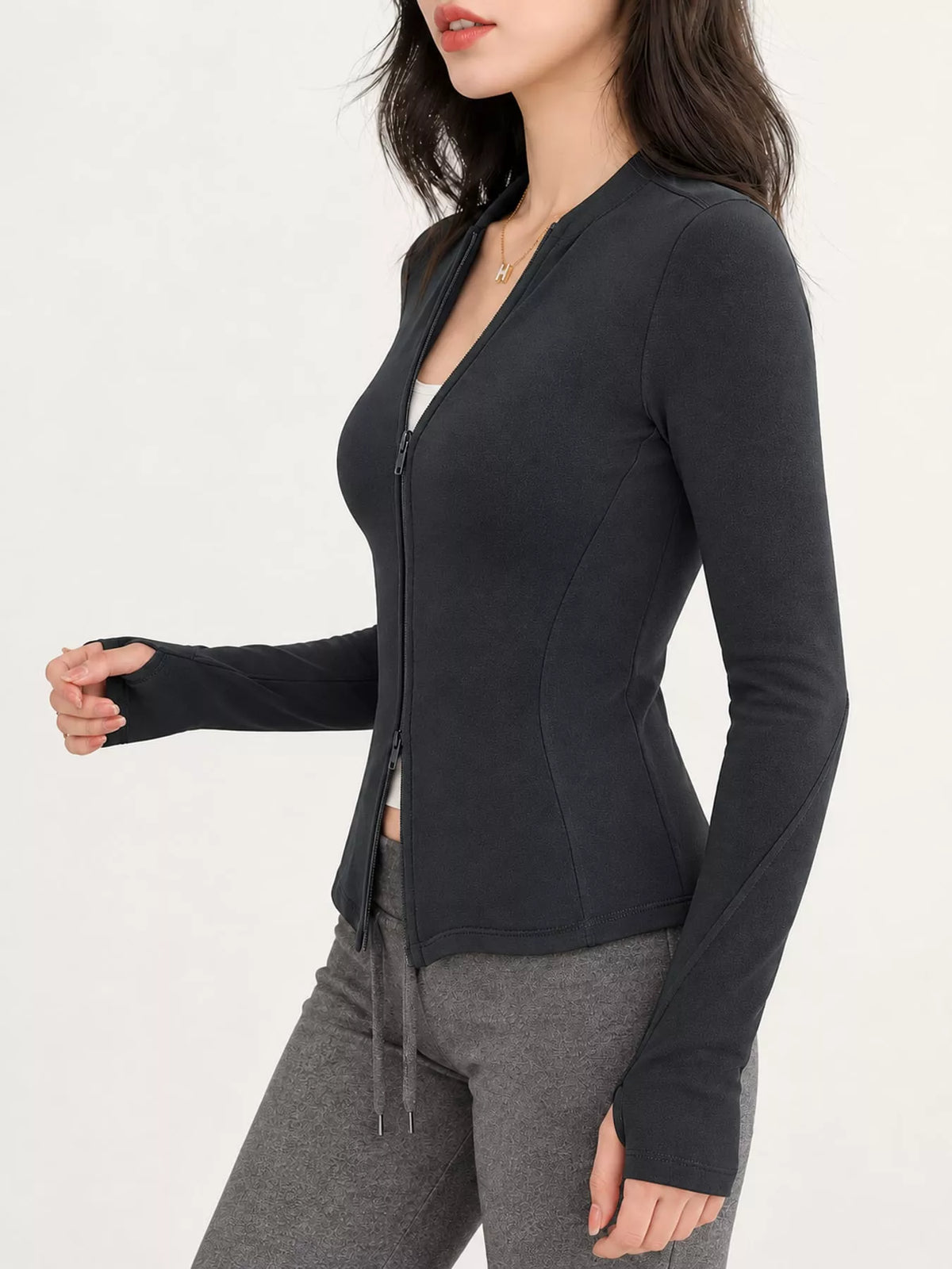 Charcoal slim-fit zip-up long sleeve jacket — side view