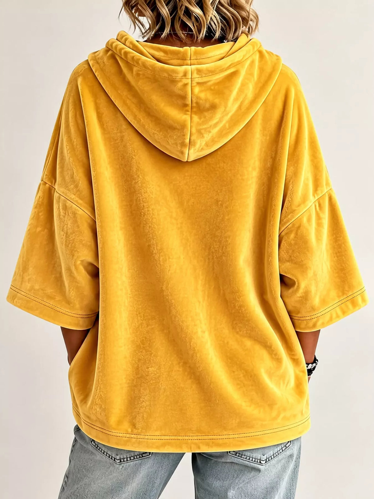 Yellow velvet half sleeve hoodie with drawstring, back view
