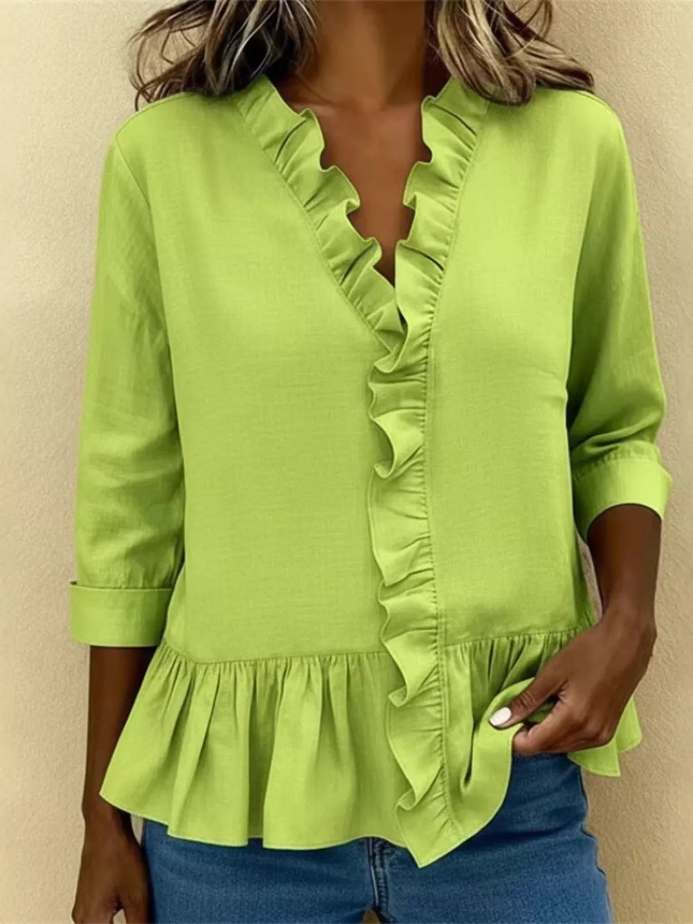 Trendsi Full Size Ruffled V-Neck Long Sleeve Blouse Plus Size -