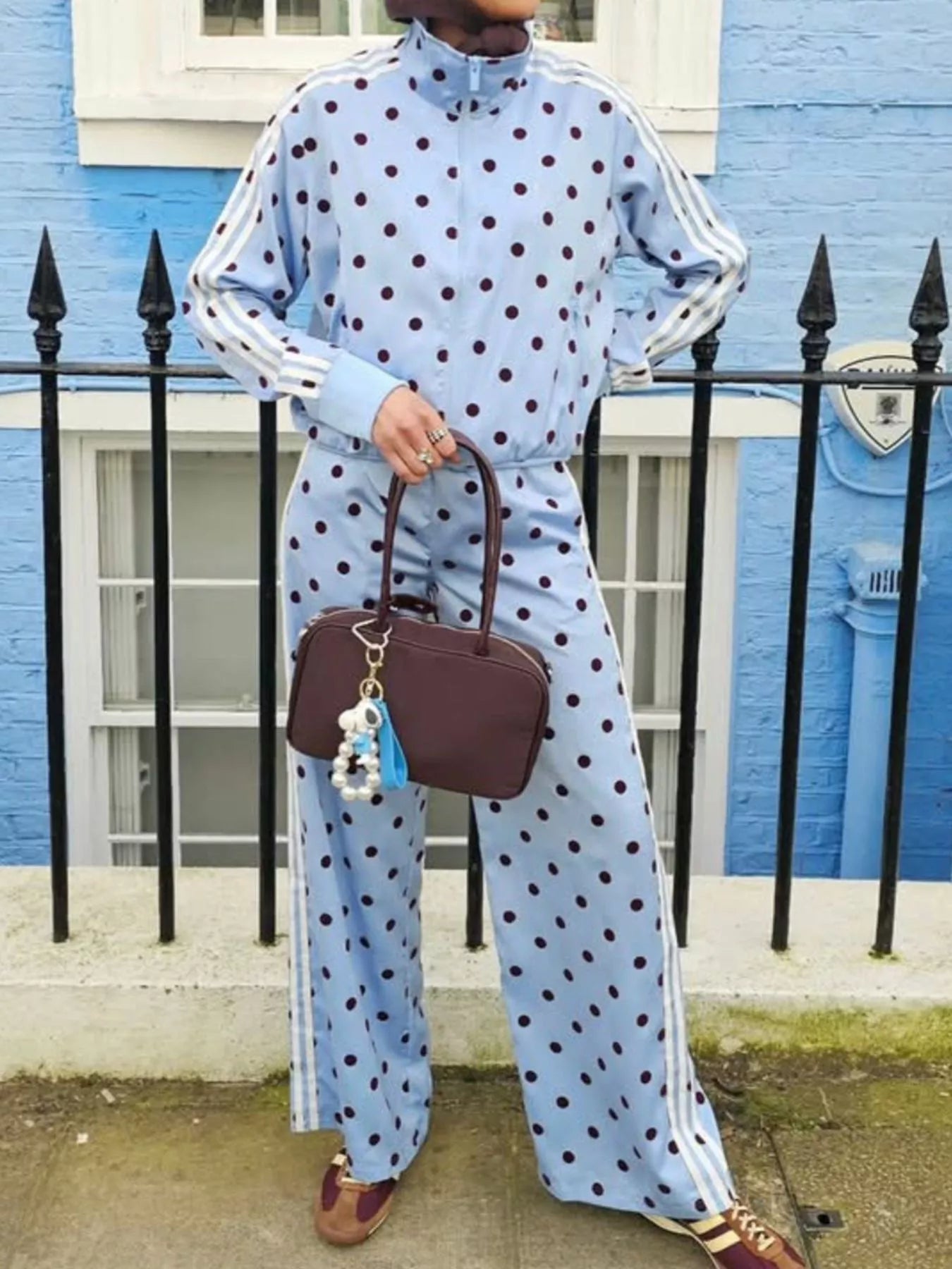 Trendsi Polka Dot Side Striped Outerwear and Pants Set -
