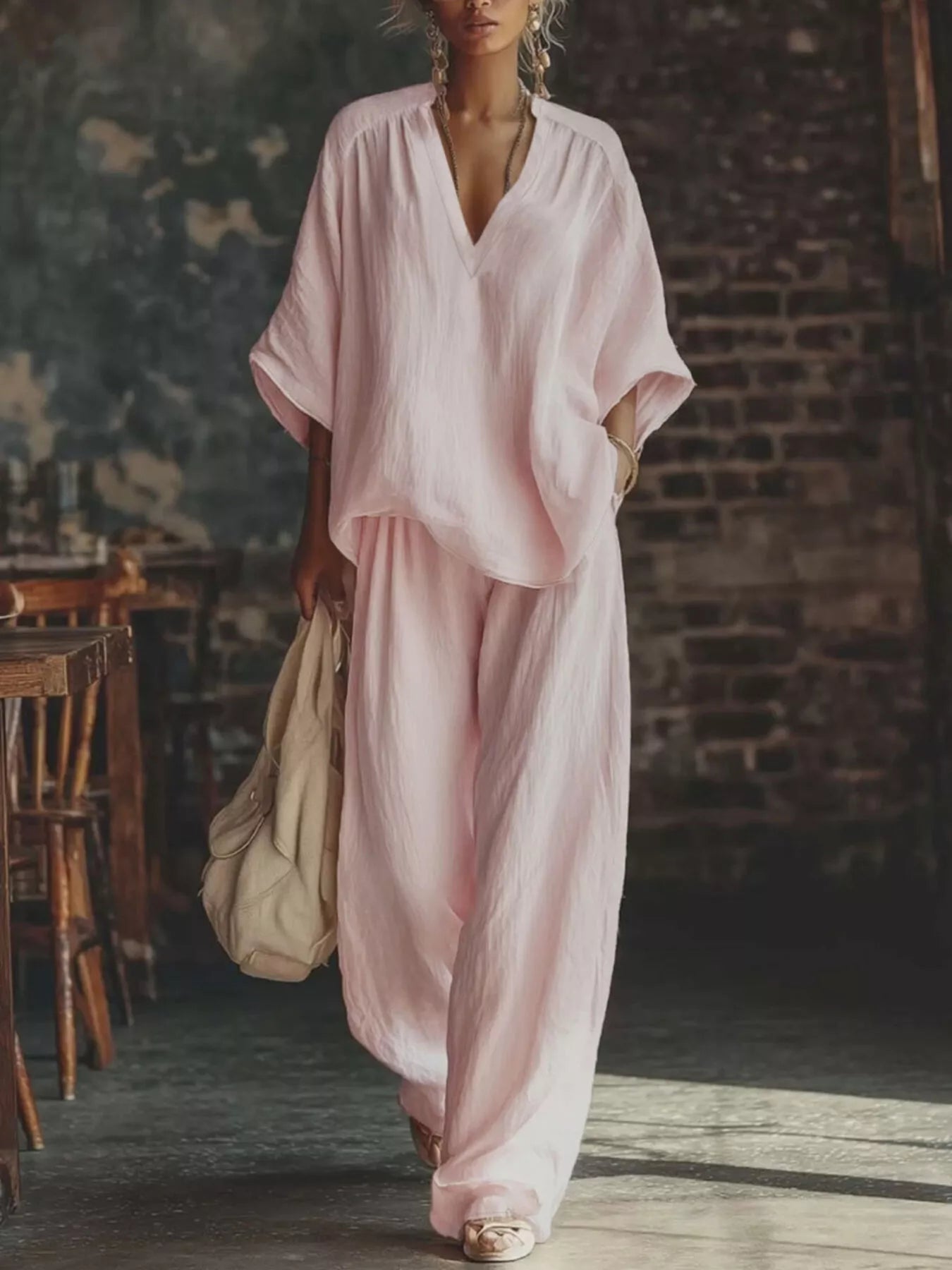 Trendsi Loose Fit Notched Top and Pants Set -