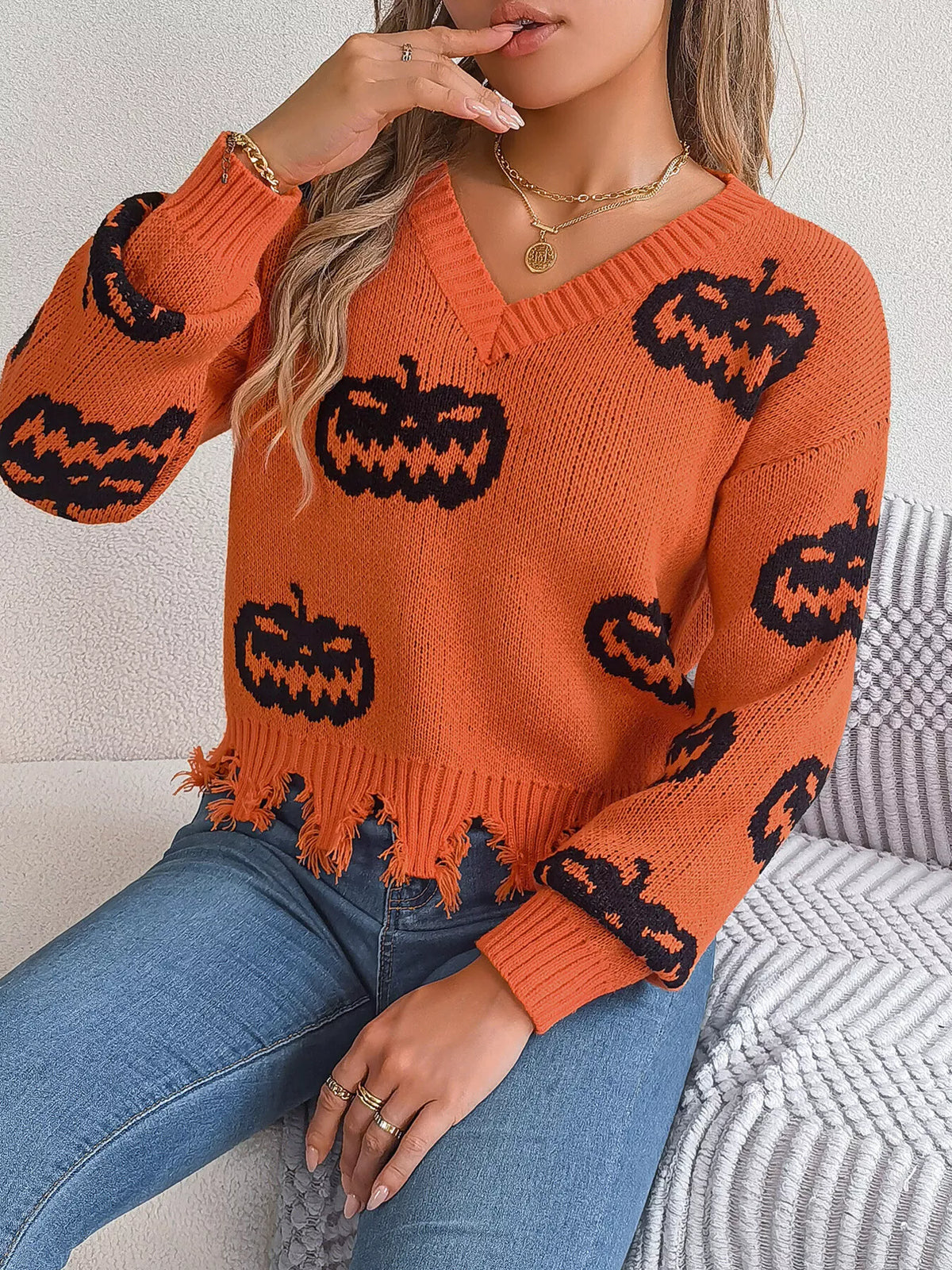 Pumpkin Distressed Hem Sweater in orange, front view