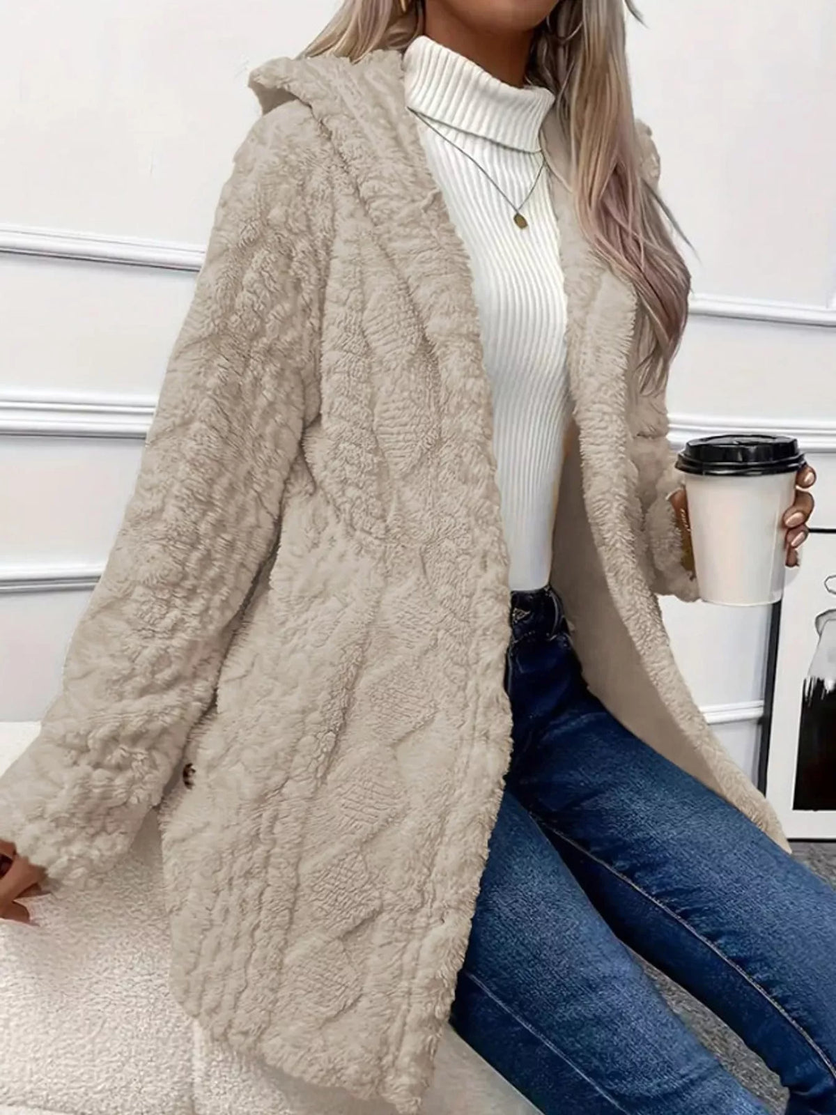 Beige cable knit faux fur hooded jacket