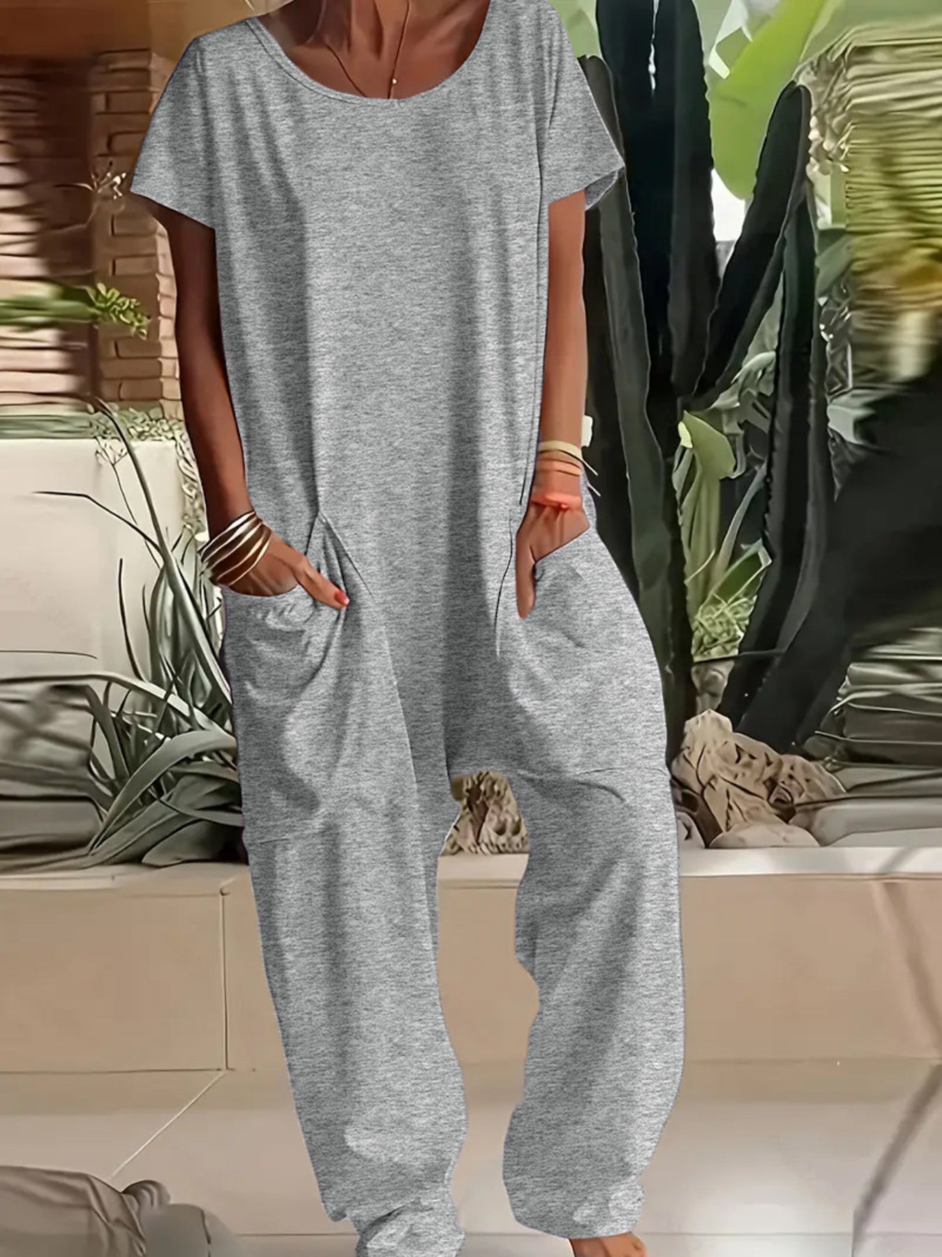 Trendsi Full Size Loose Fit V-Neck Short Sleeve Wide Leg Jumpsuit Plus Size -