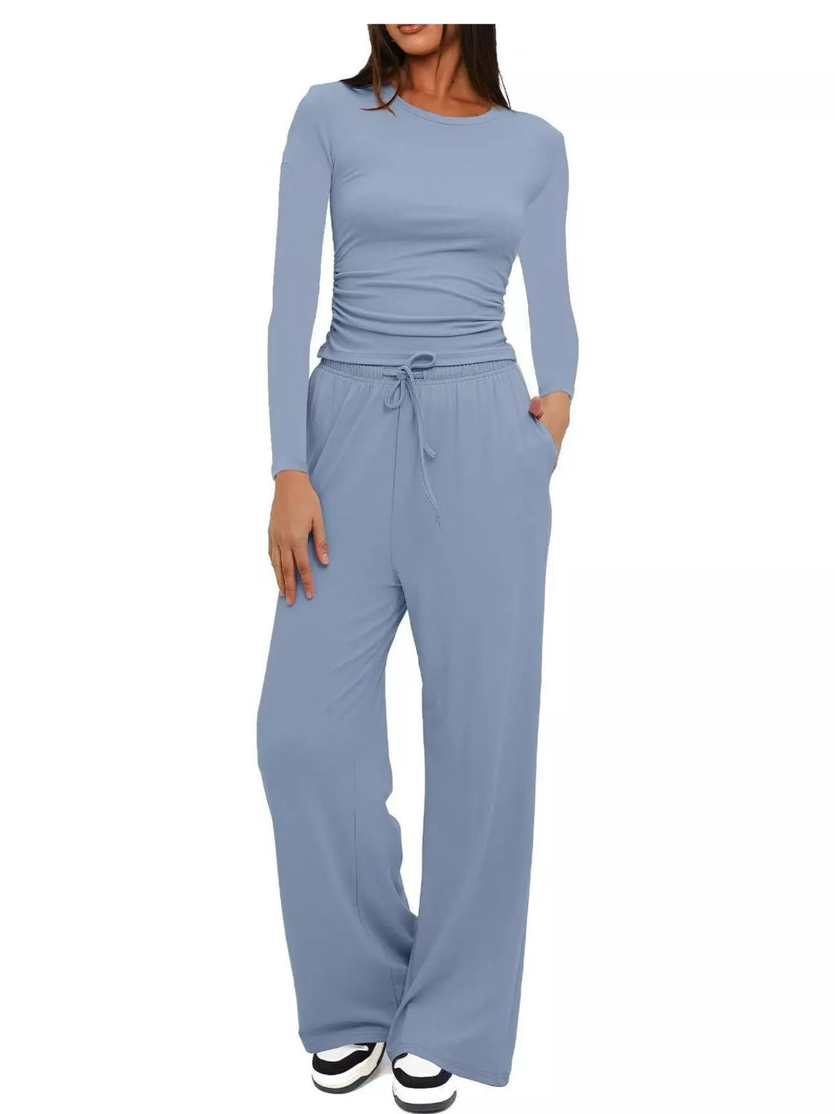 Long Sleeve Top and Wide-Leg Drawstring Pants Set — front view