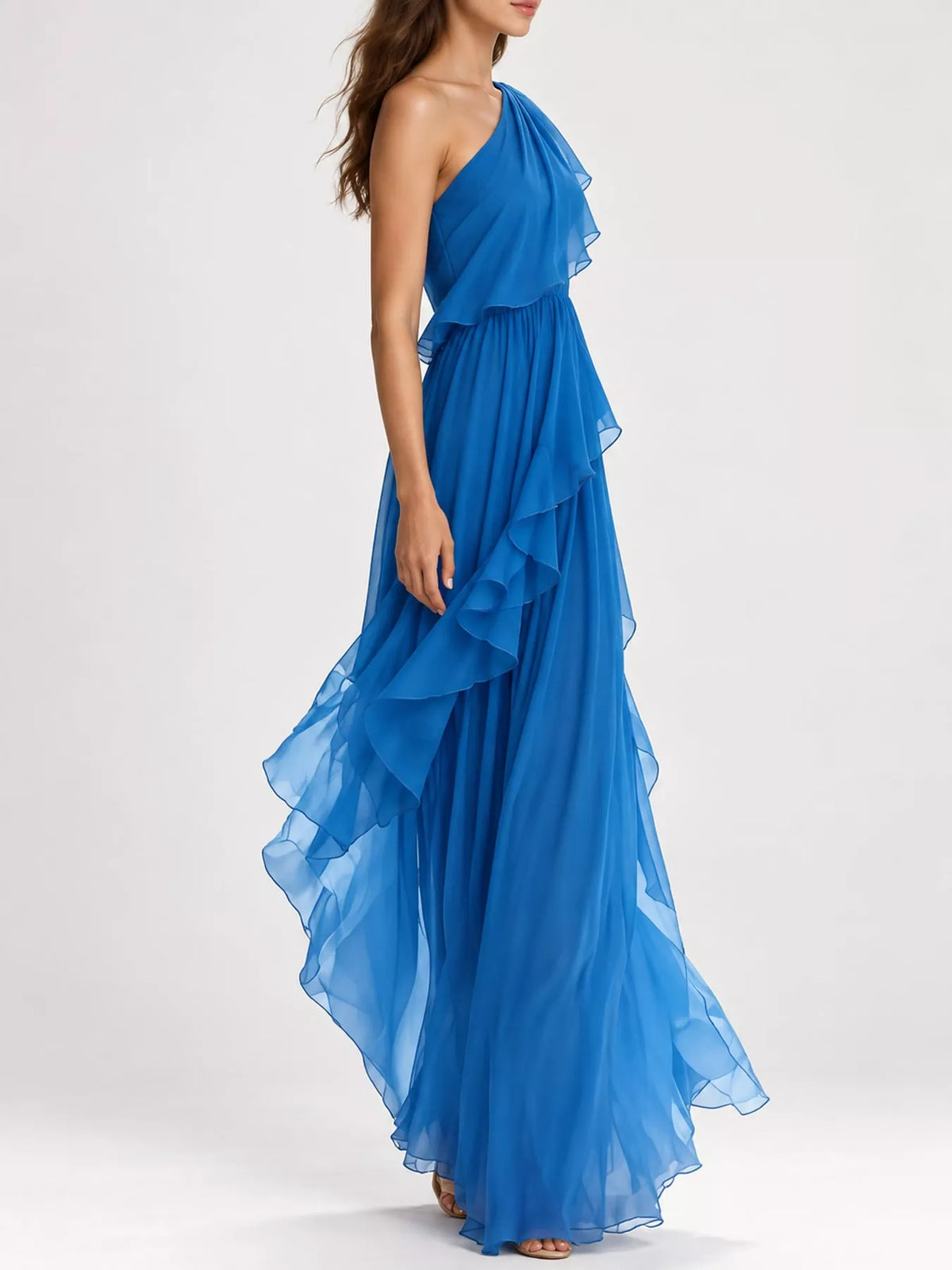 Women's One-Shoulder Ruffled Chiffon Maxi Dress in blue — side view