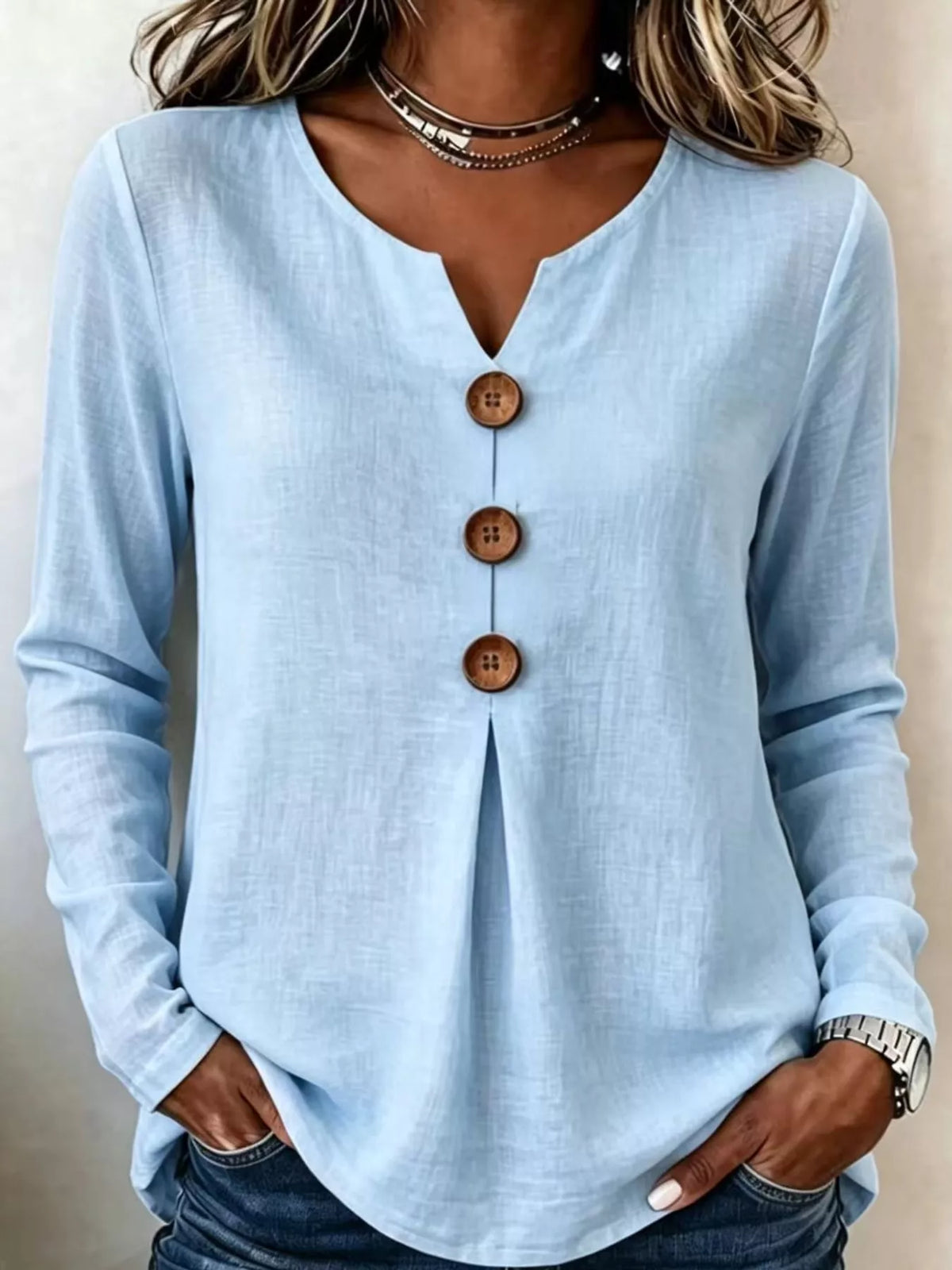 Light Blue long sleeve decorative button blouse