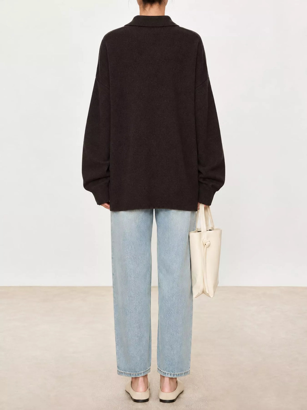 Dropped shoulder polo collar sweater, back view