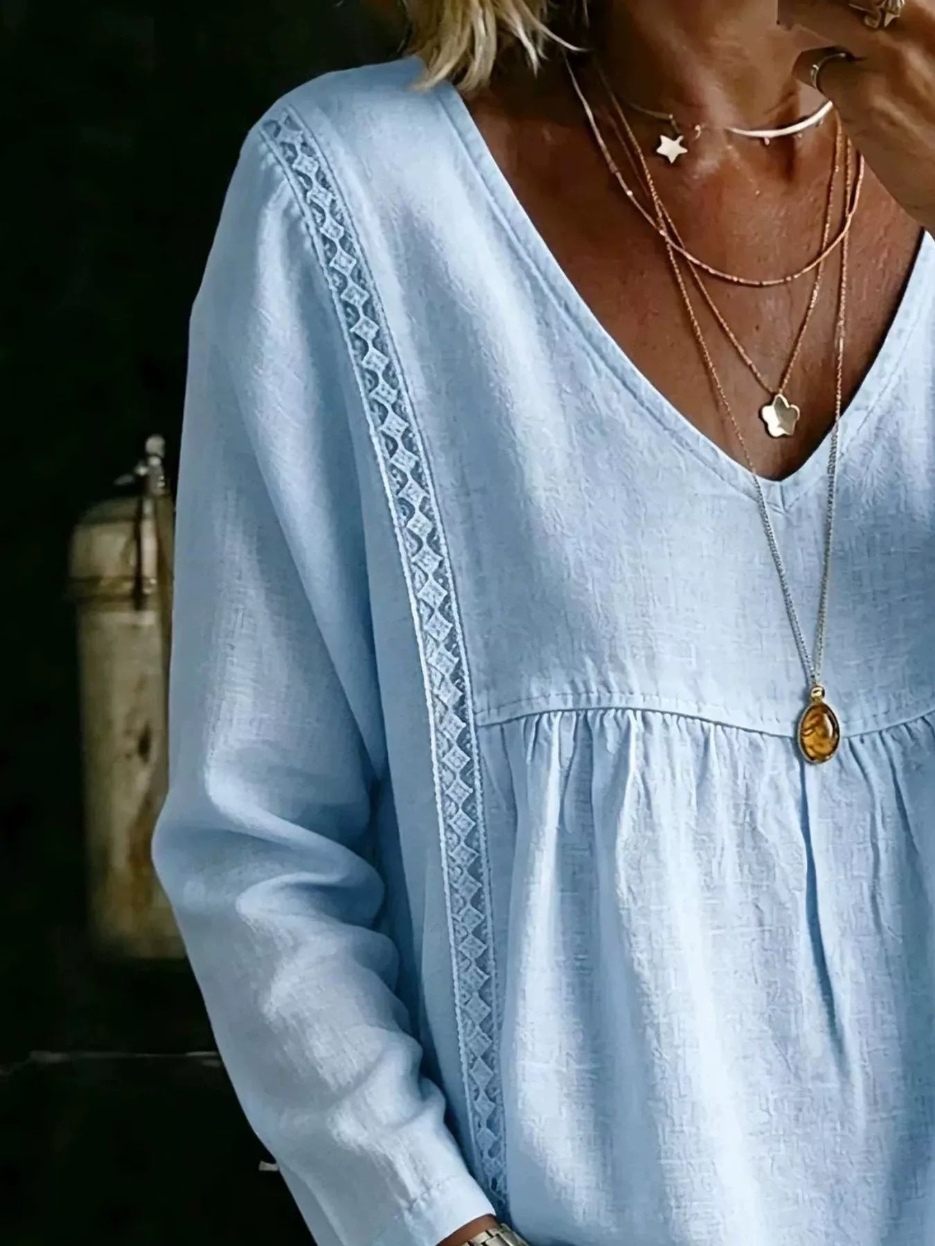 Trendsi Full Size V-Neck Lace Trimmed Long Sleeve Blouse Plus Size -