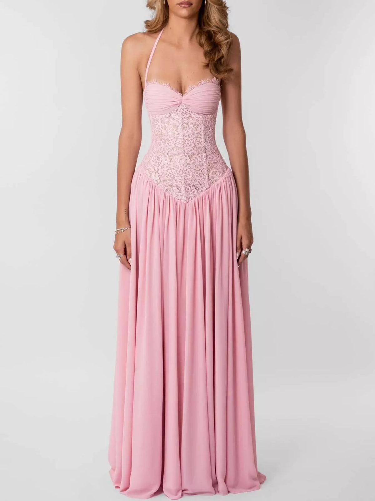 Pink lace corset halter neck maxi dress — front view