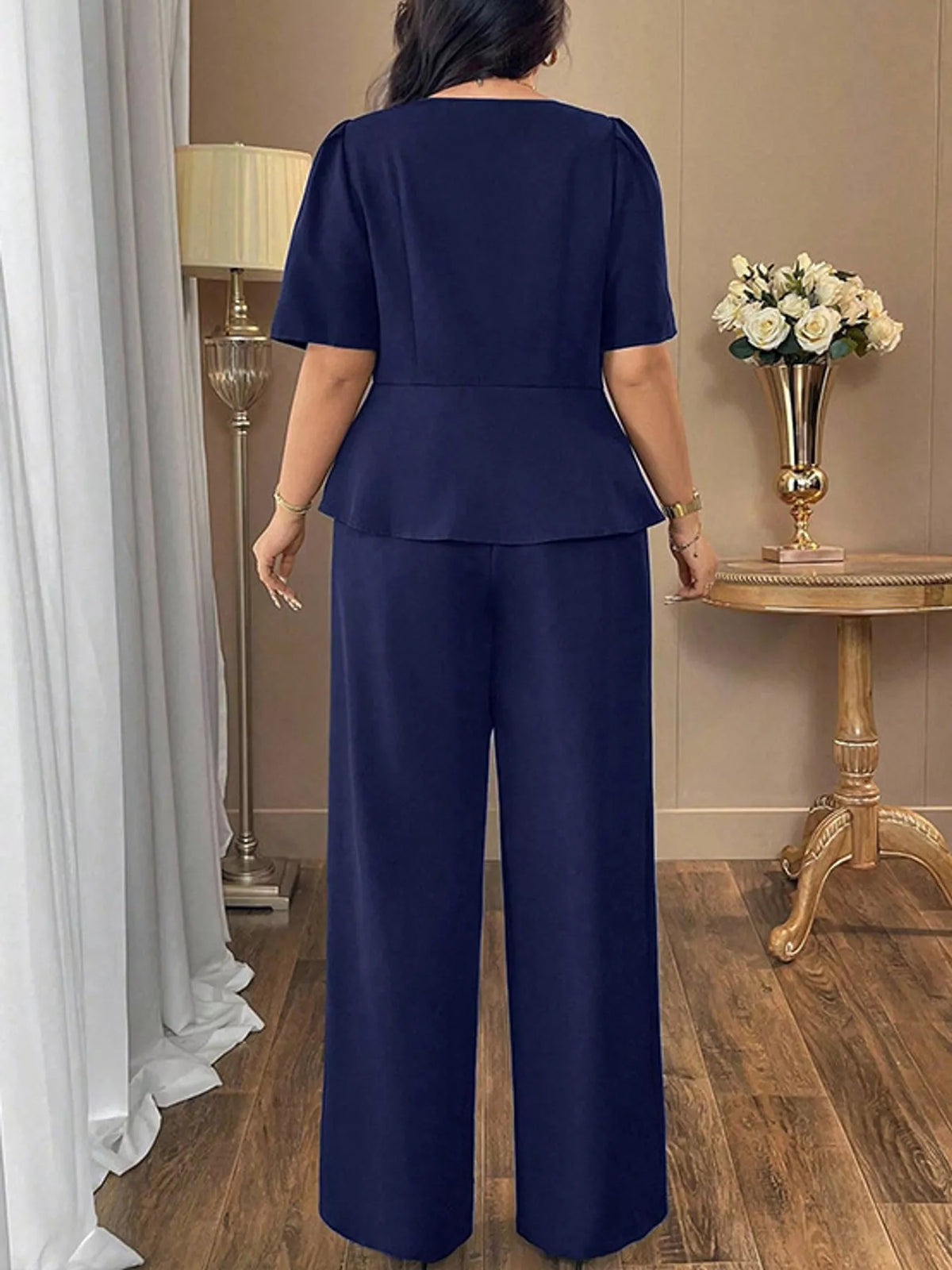 Peplum top and pants set, navy back