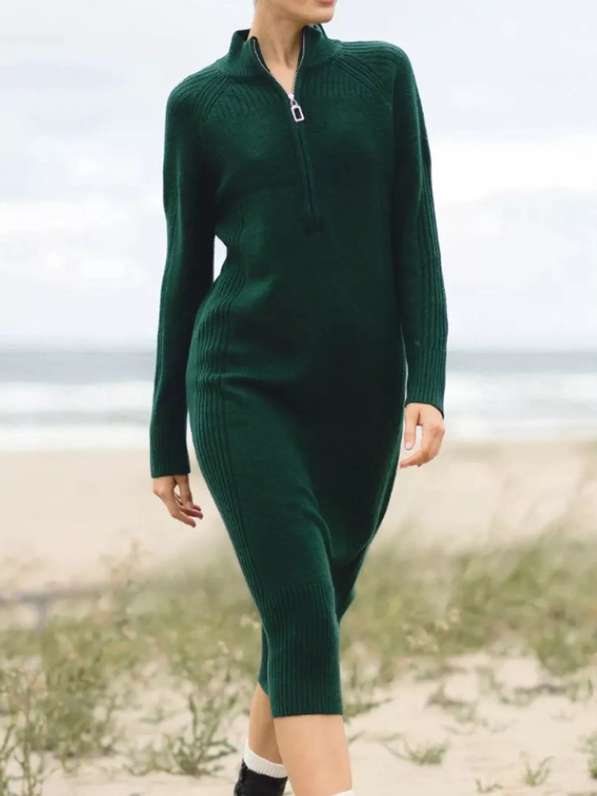 Green half-zip ribbed knit sweater dress — front view