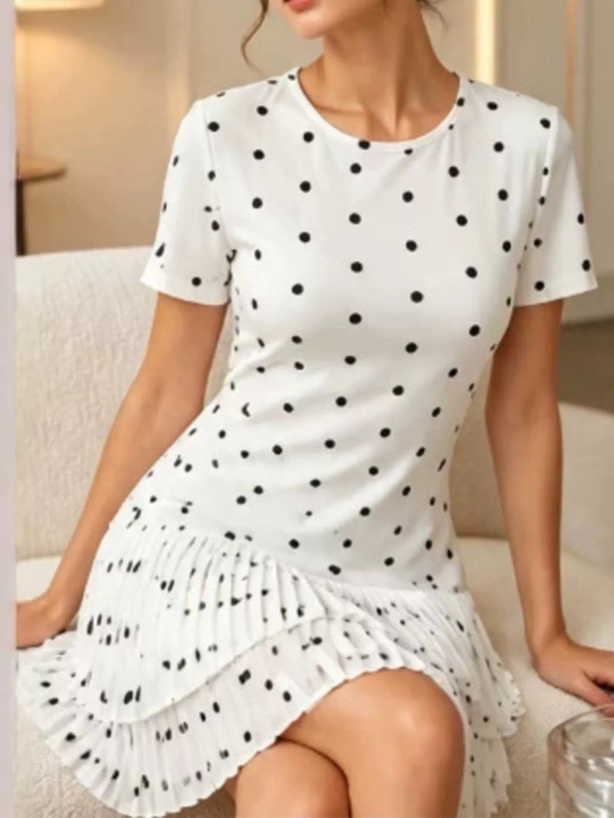 Trendsi Polka Dot Pleated Hem Mini Dress -