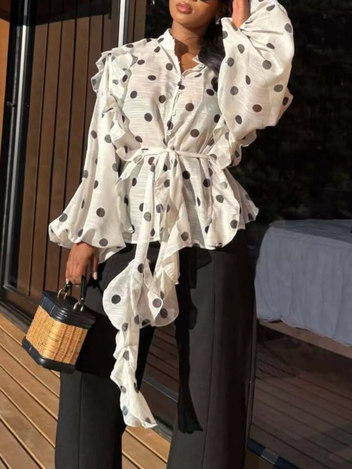 Collared long sleeve blouse, front view on model