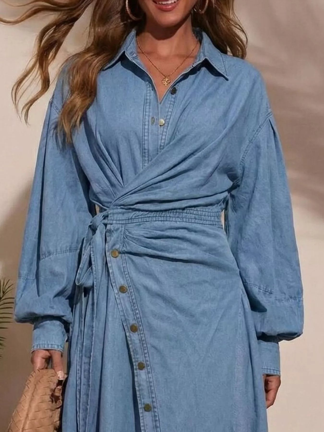 Trendsi Long Sleeve Wrap-Front Denim Dress -