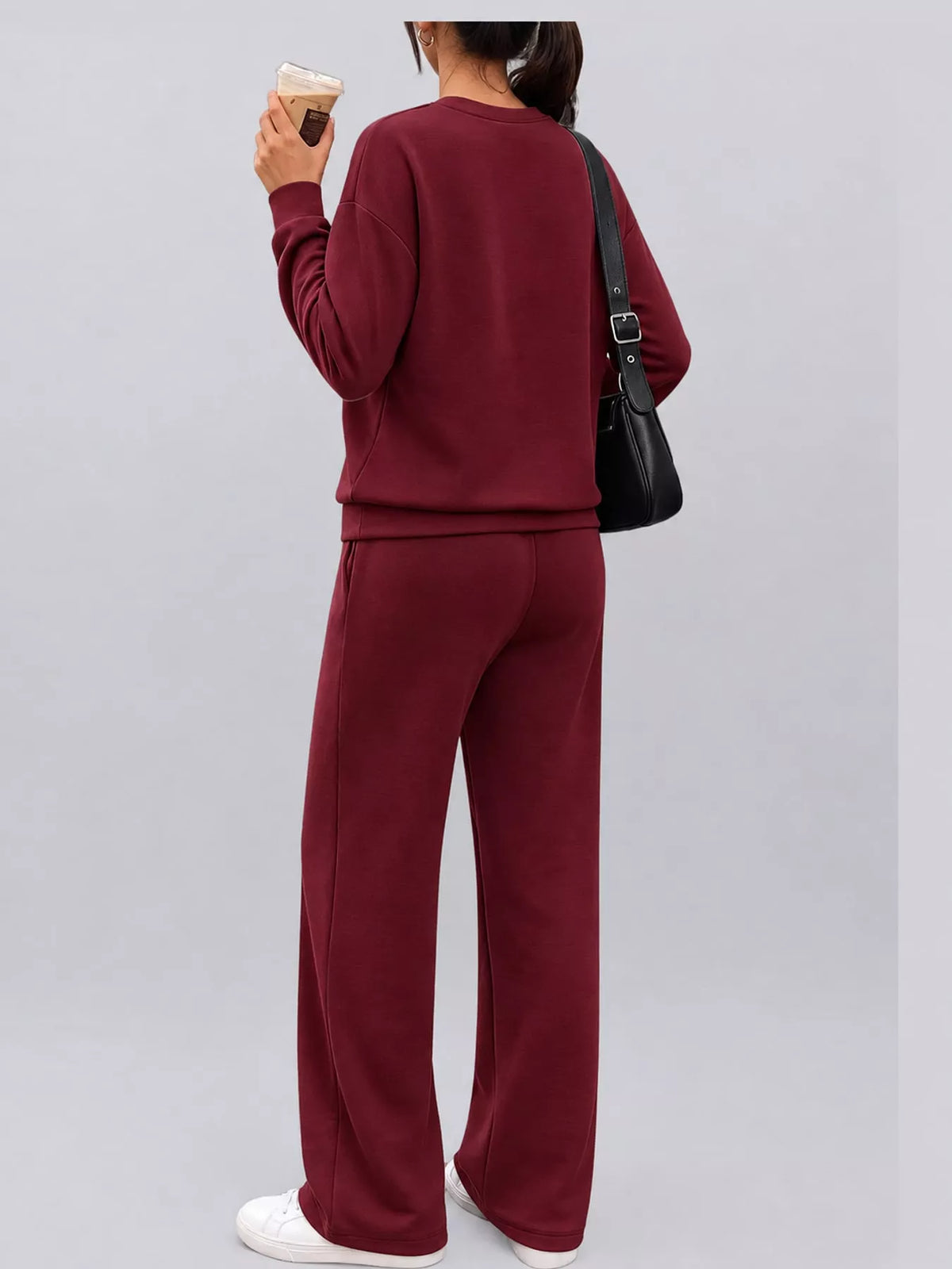 Burgundy button detail top and wide-leg pants set — back view