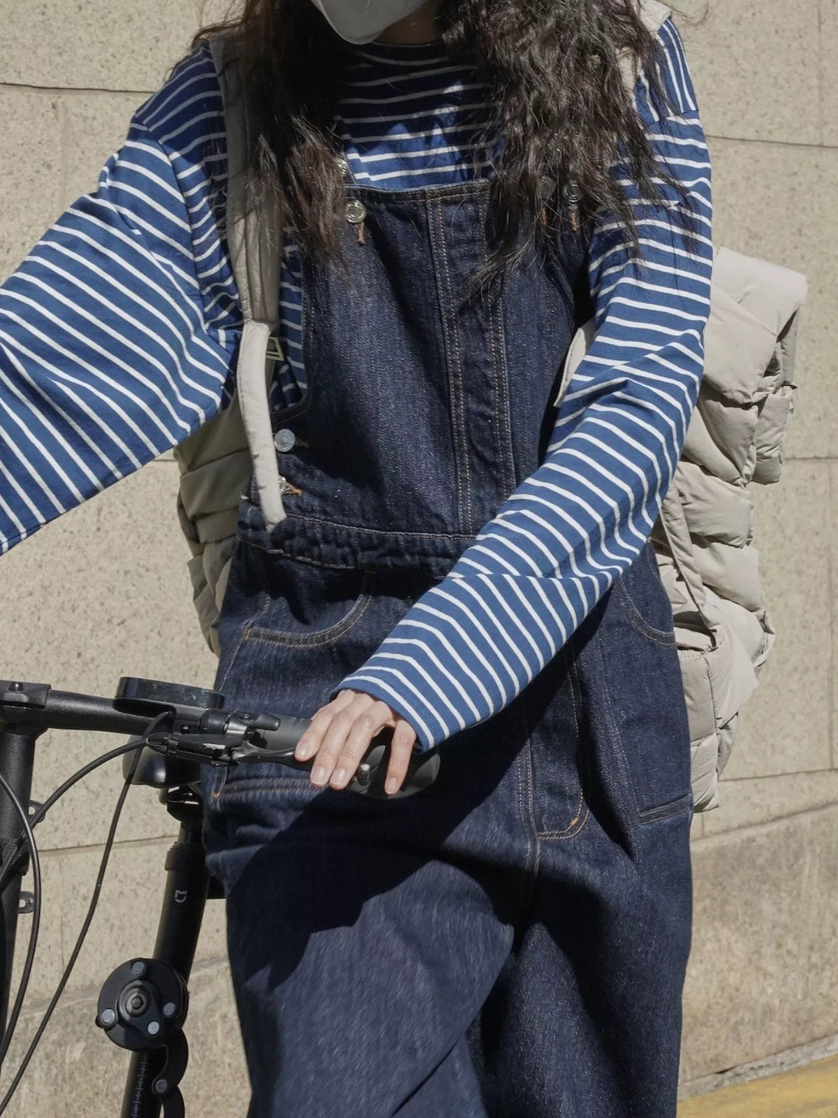 Women's Vintage Dark Wash Wide-Leg Denim Overalls in dark blue — back view