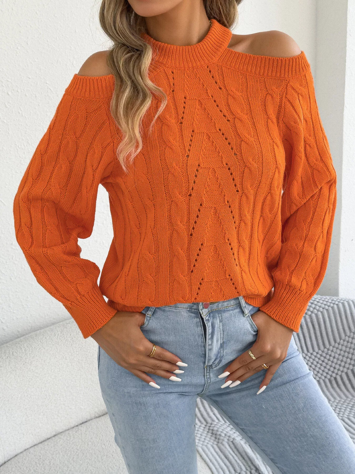 Cold Shoulder Cable Knit Sweater in orange, front view