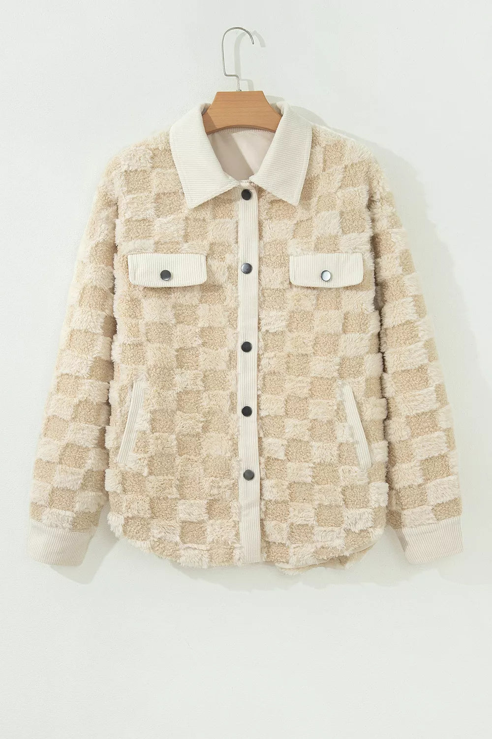 Trendsi Plush Checkered Corduroy Trim Metal Button Long Sleeve Shift Silhouette Shacket -