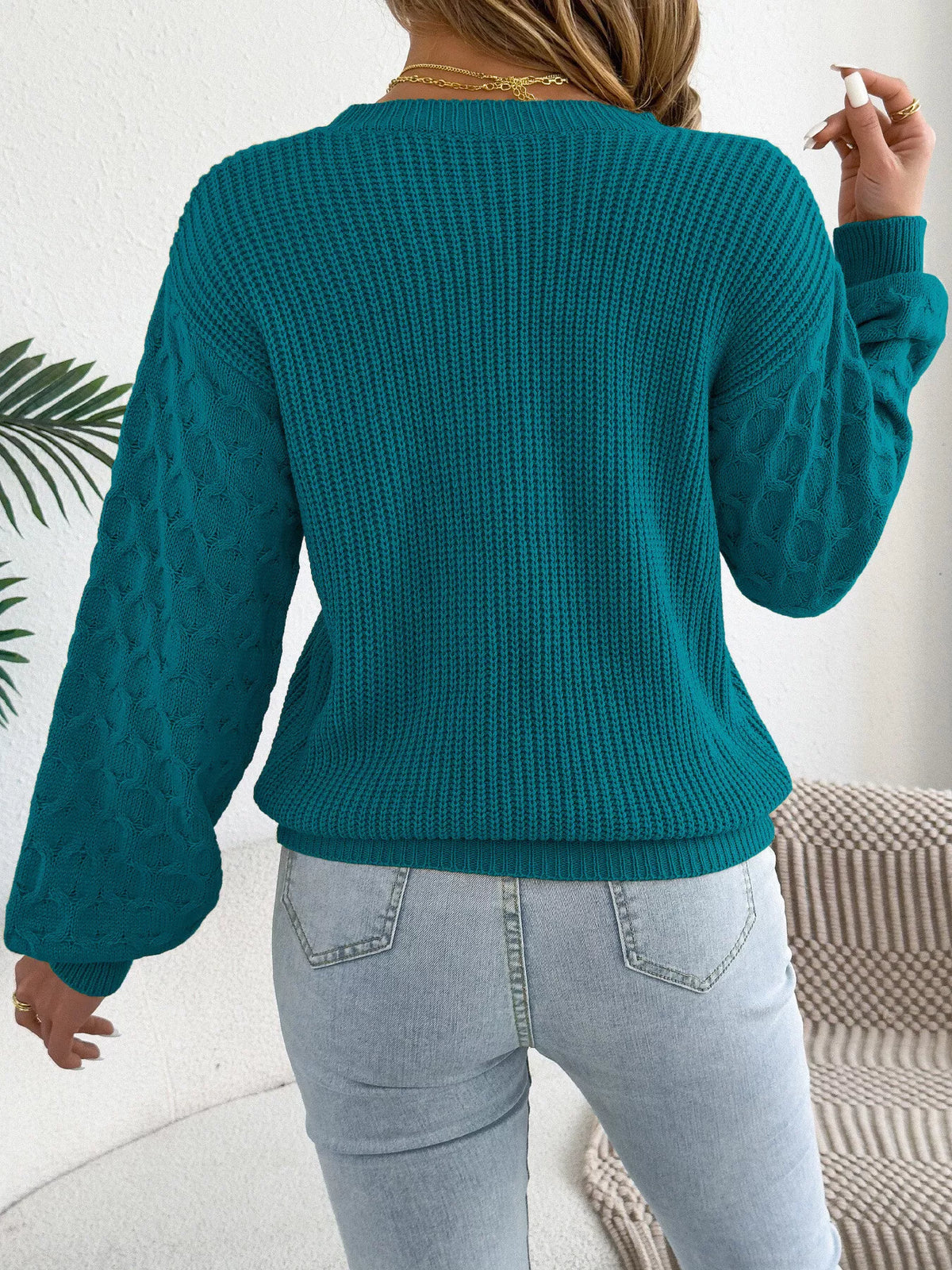 Peacock Blue textured dropped shoulder sweater, back view