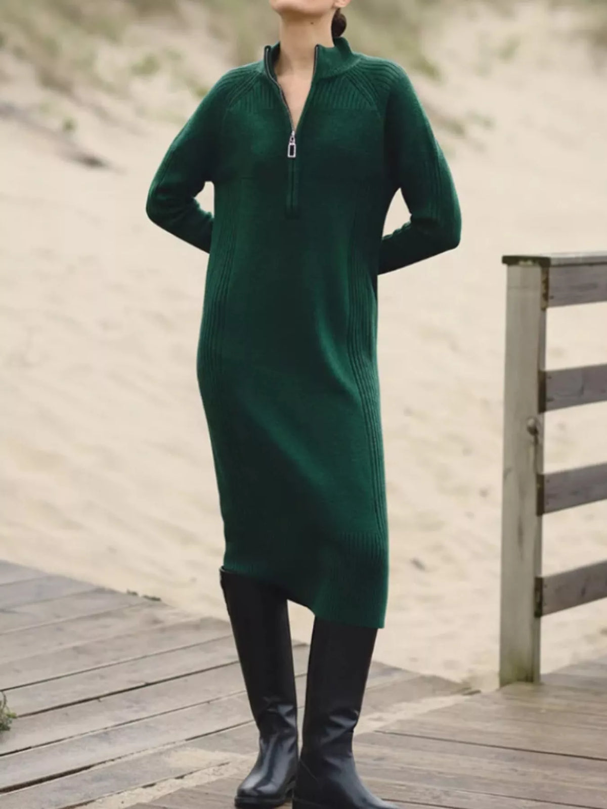 Green half-zip ribbed knit sweater dress — front view