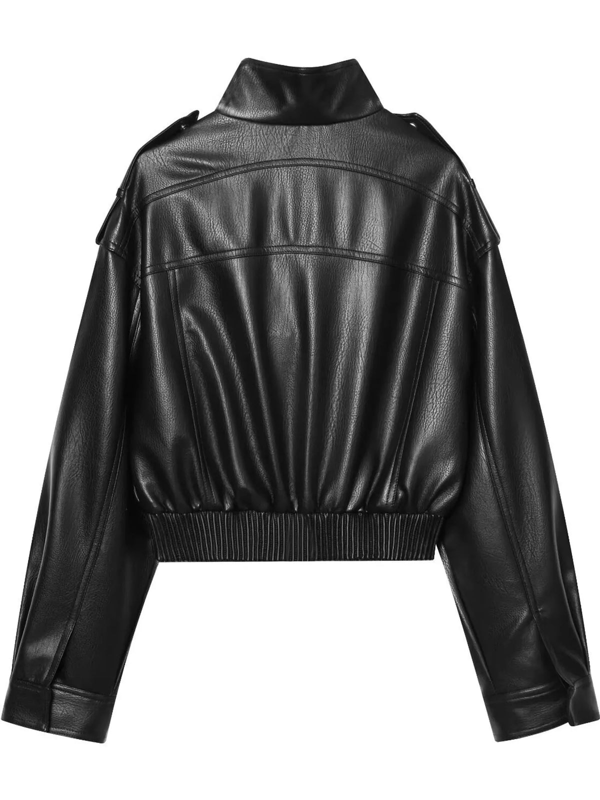 Black faux leather cropped bomber jacket — back view