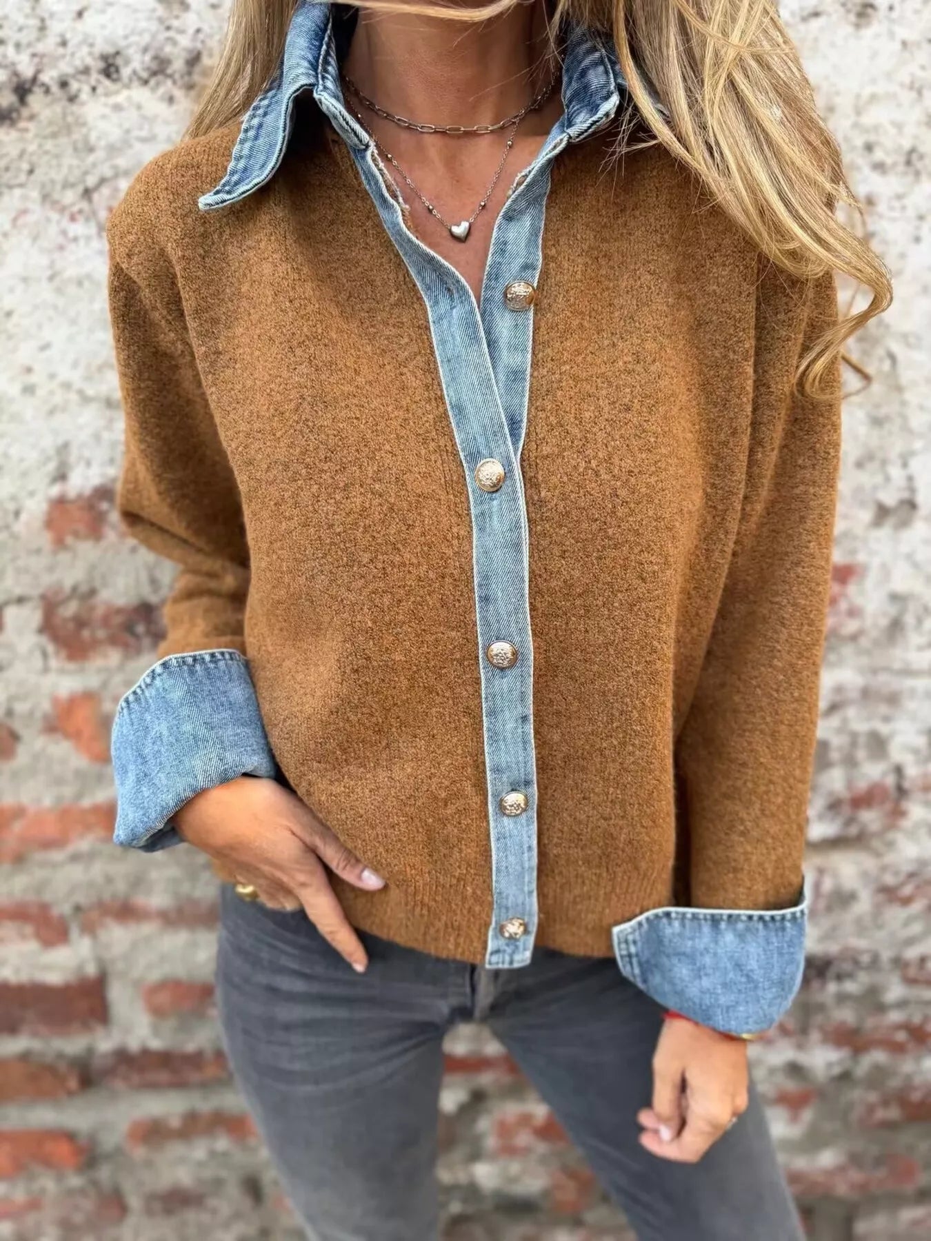 Trendsi Contrast Denim Trimmed Sweater Cardigan -