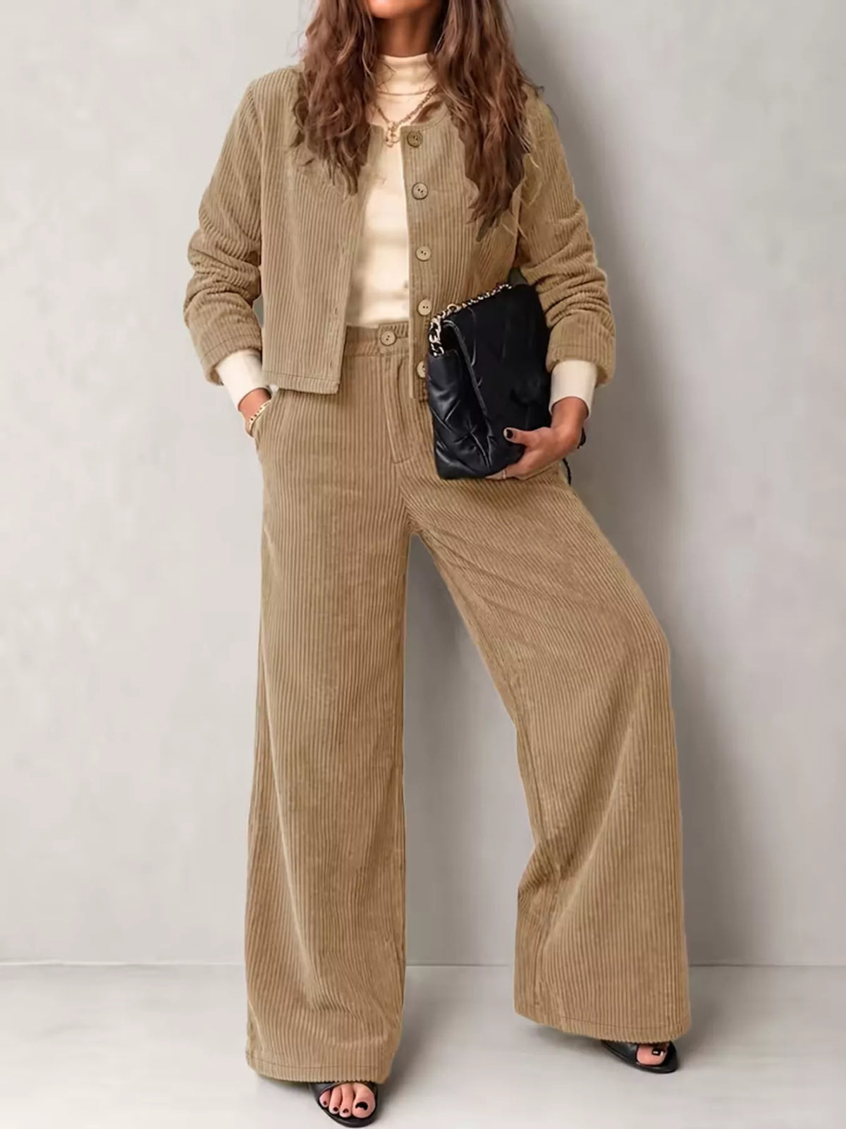 Women's Corduroy Button-Down Jacket and Wide-Leg Pants Two-Piece Set in tan — front view