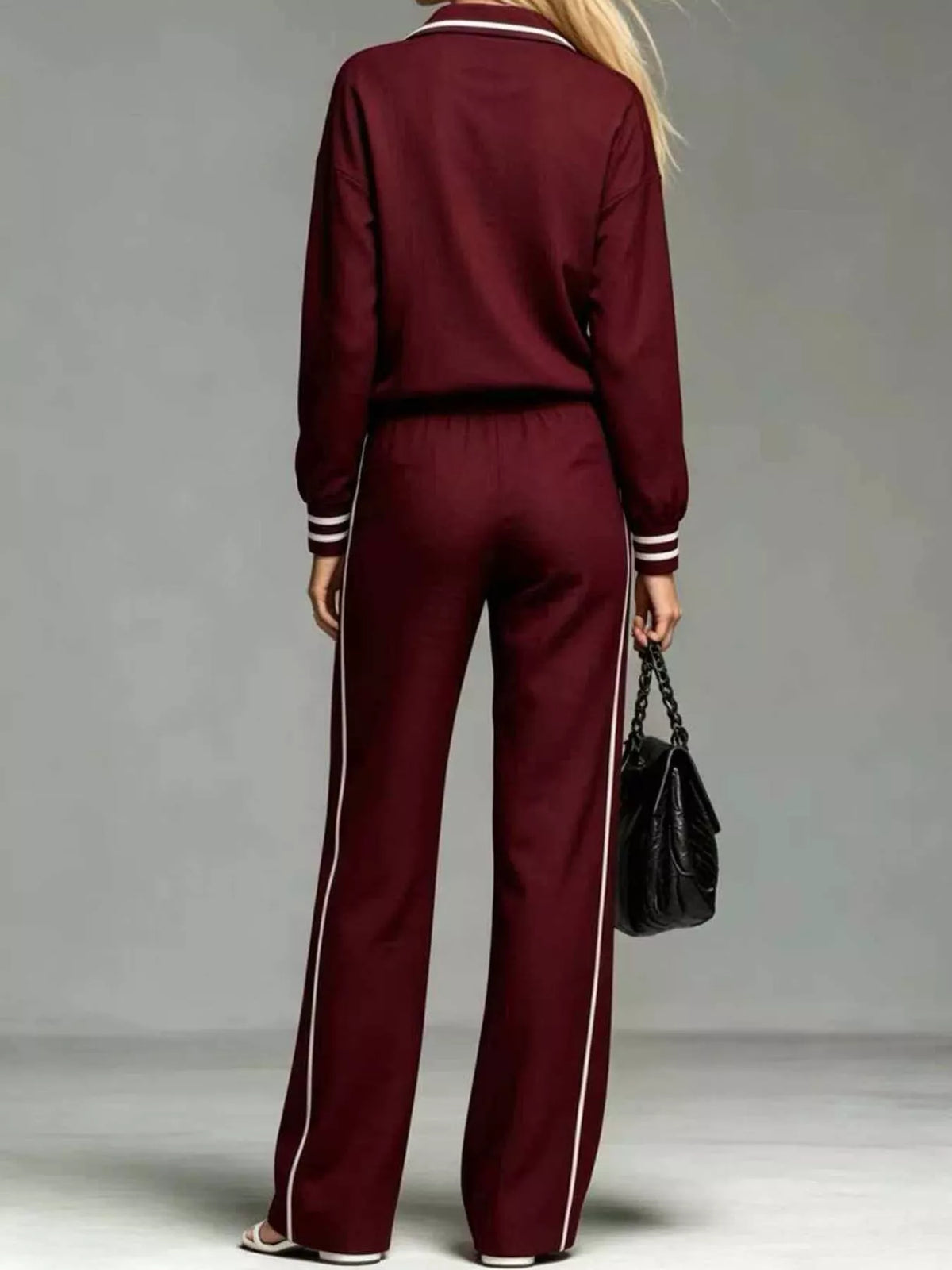 Burgundy striped half zip top and pants set, back view
