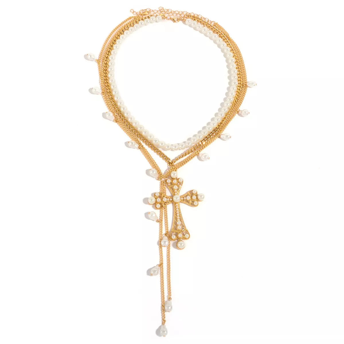 Trendsi Pearl Cross Pendant Necklace 3 Piece Set -
